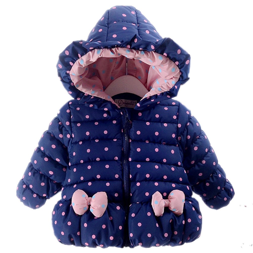 Ding Dong Baby Kid Girl Winter Hooded Bowknot Dot Coat(Navy,3T)