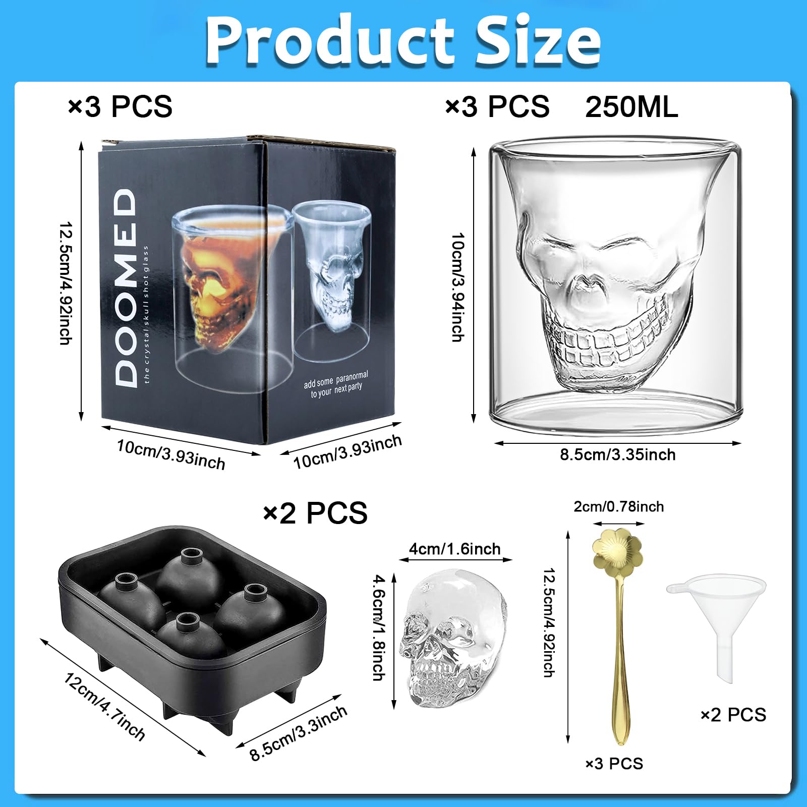 Set di 10 bicchieri da caffè a doppia parete, la confezione include 3 bicchieri con teschio, 2 stampi per cubetti di ghiaccio 3D, 3 cucchiai dorati cosmo, 2 imbuti