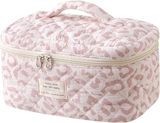 RSRSLEII Large Quilted Makeup Bag for Women and Girls(31Pink Leopard) | Cute Leopard Print Cotton Cosmetic Bag, Top Handle, Aesthetic Travel Organized Toiletry Bag