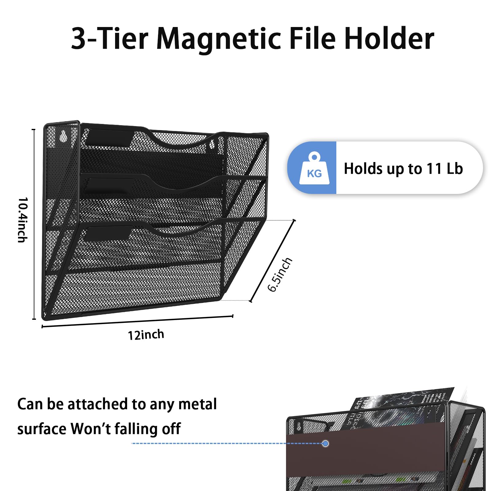 Portadocumenti magnetico a 3 livelli, senza foratura, organizer per archivio di documenti magnetico, organizer nero per riviste, porta carta magnetica per frigorifero, schedari, lavagna bianca