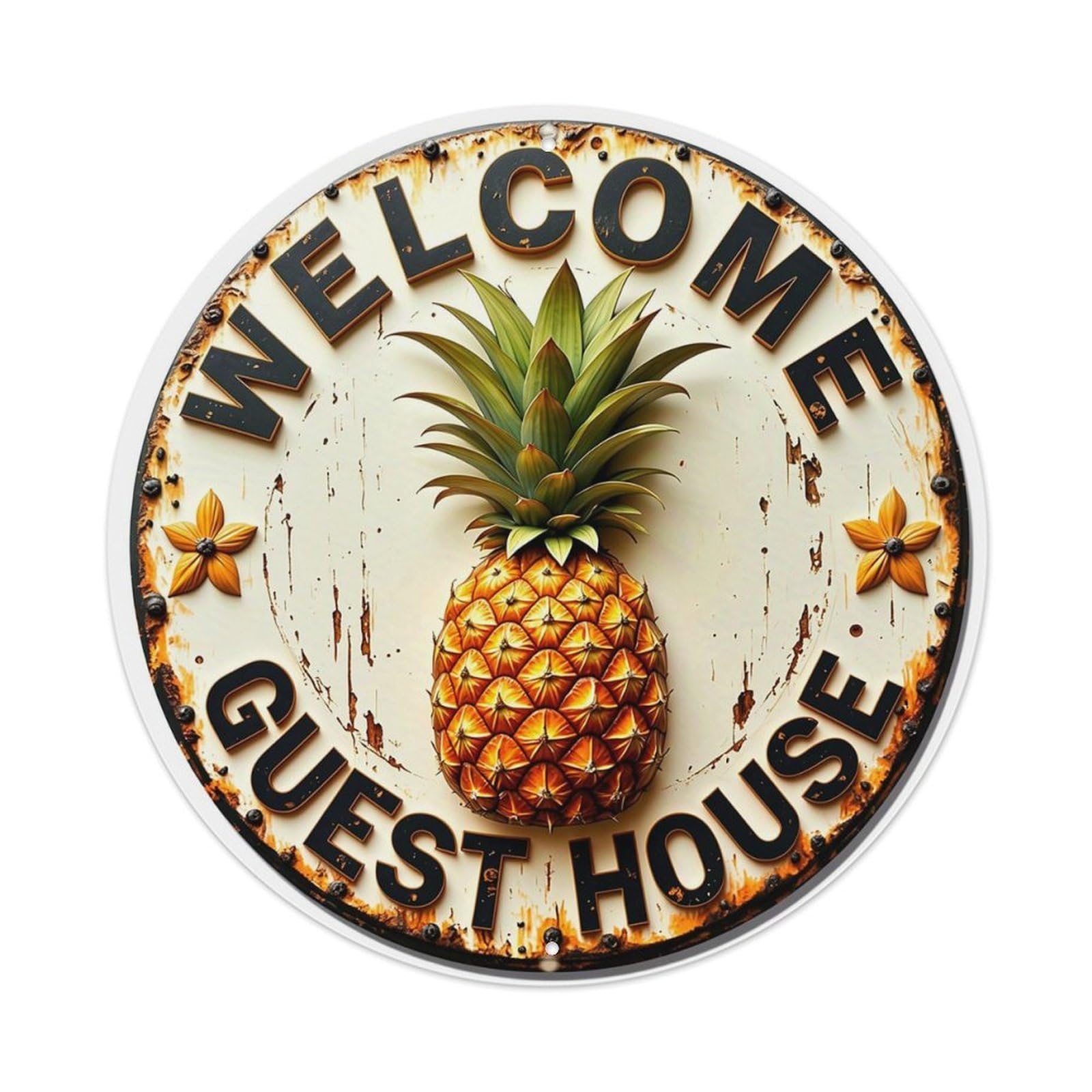 Jdyaojiesheng Vintage Welcome Guest House Pineapple Sign Round Tin Sign Retro Metal Wall Decor Metal Poster, Home Bar Garage Farmhouse Cafe Wall Art Decoration 8X8inch