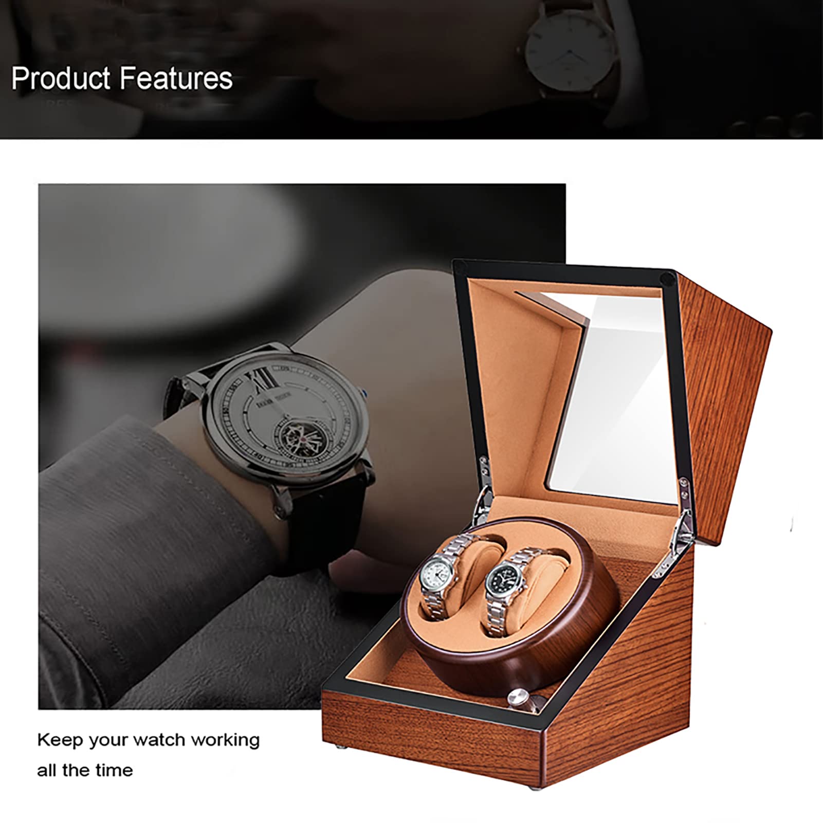 Xiaoxu Caricatore Doppio per 2 Orologi, Scatola per Orologi rotanti, Carica Automatica per Orologi Meccanici, in Legno, con Motore Silenzioso, G (B)