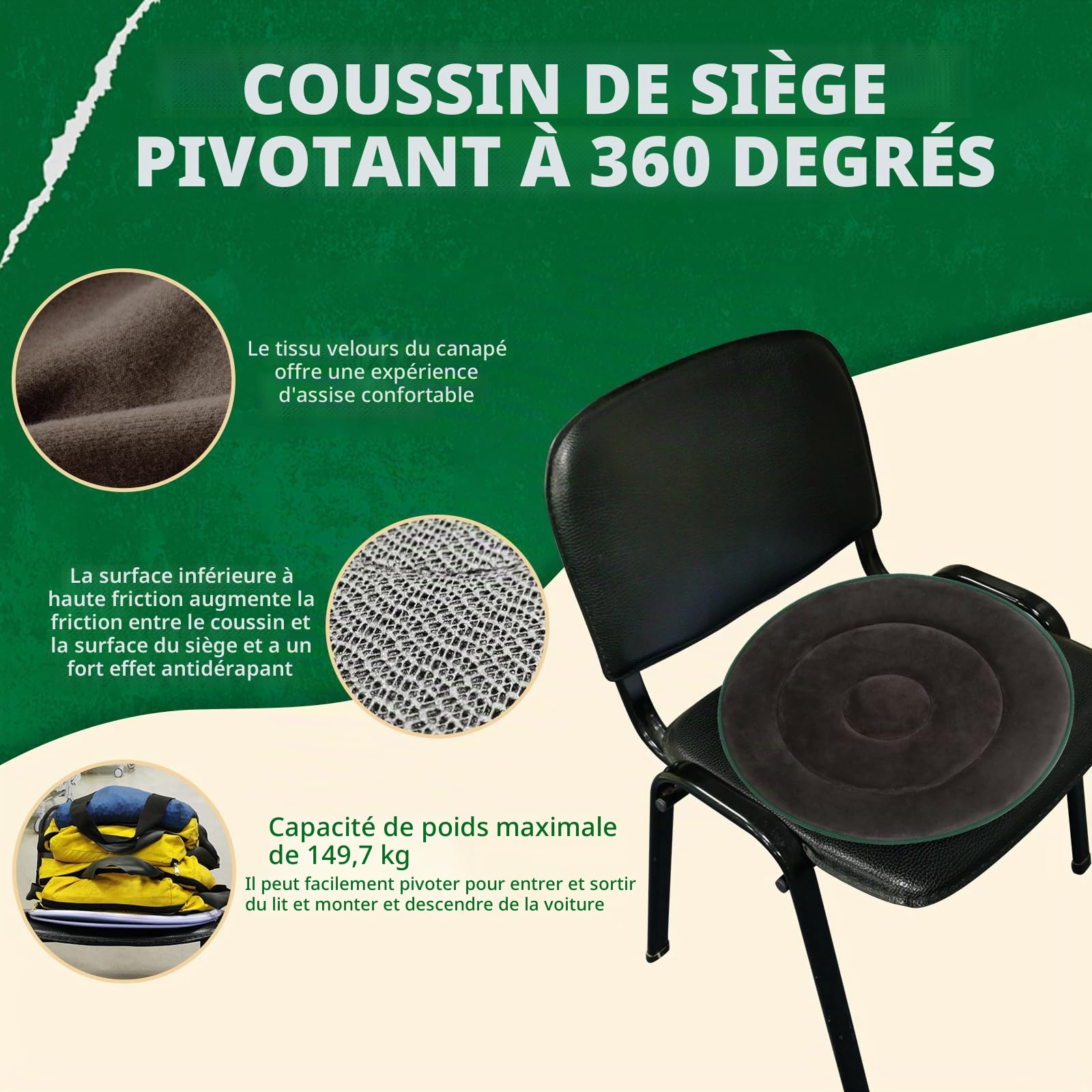 Coussin de Siège Pivotant 360 Degrés pour Voiture ou Chaise,Disque Pivotant de Coussin de Rotation pour Personnes Âgées,Aide au Siège Pivotant pour Voiture/Chaise. (Gris, 40cm)