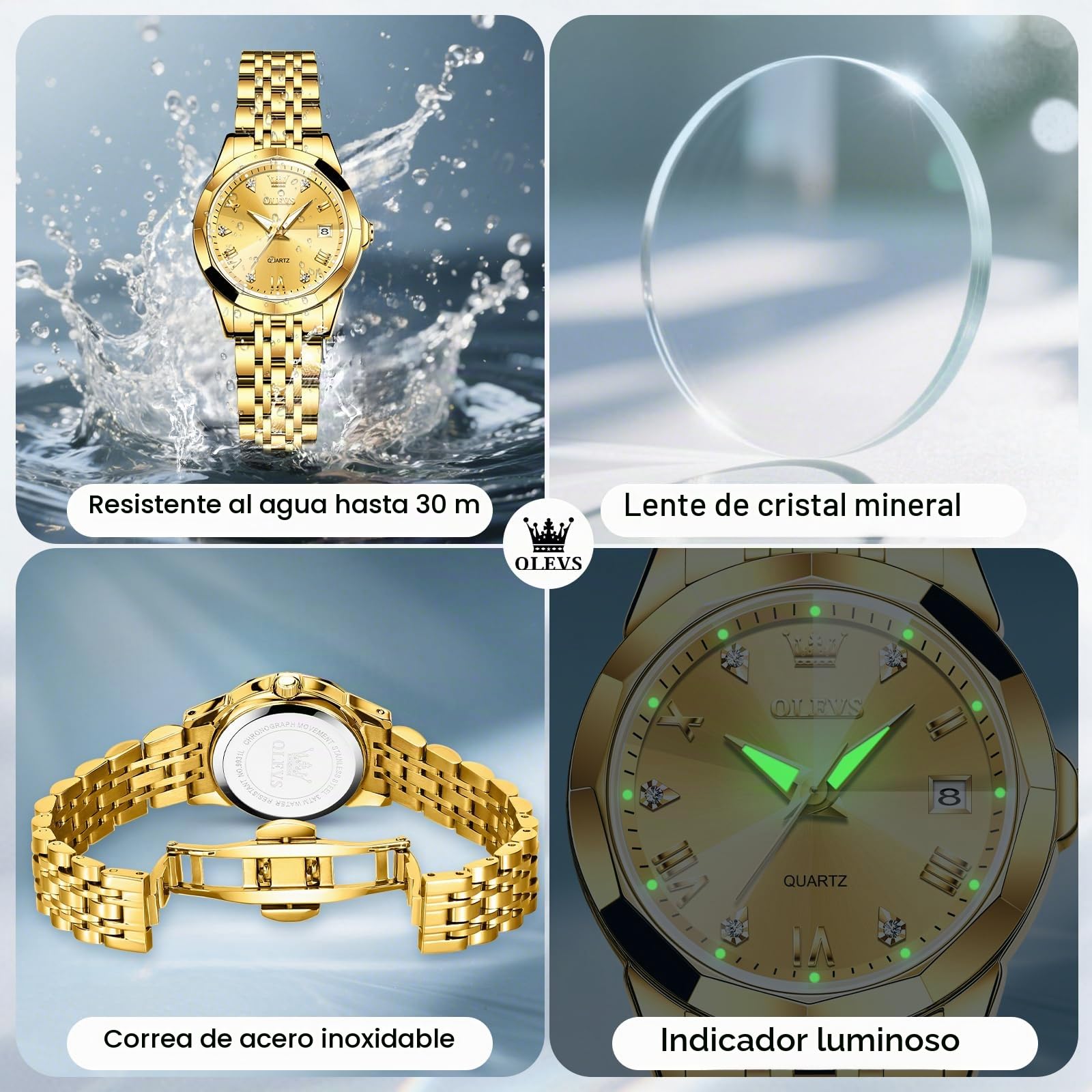 OLEVS Reloj Mujer, Analógico Cuarzo Acero Inoxidable Pequeña, Números Romanos árabes Lujo Mujer Diamantes, Resistente Agua Luminiscente Fecha