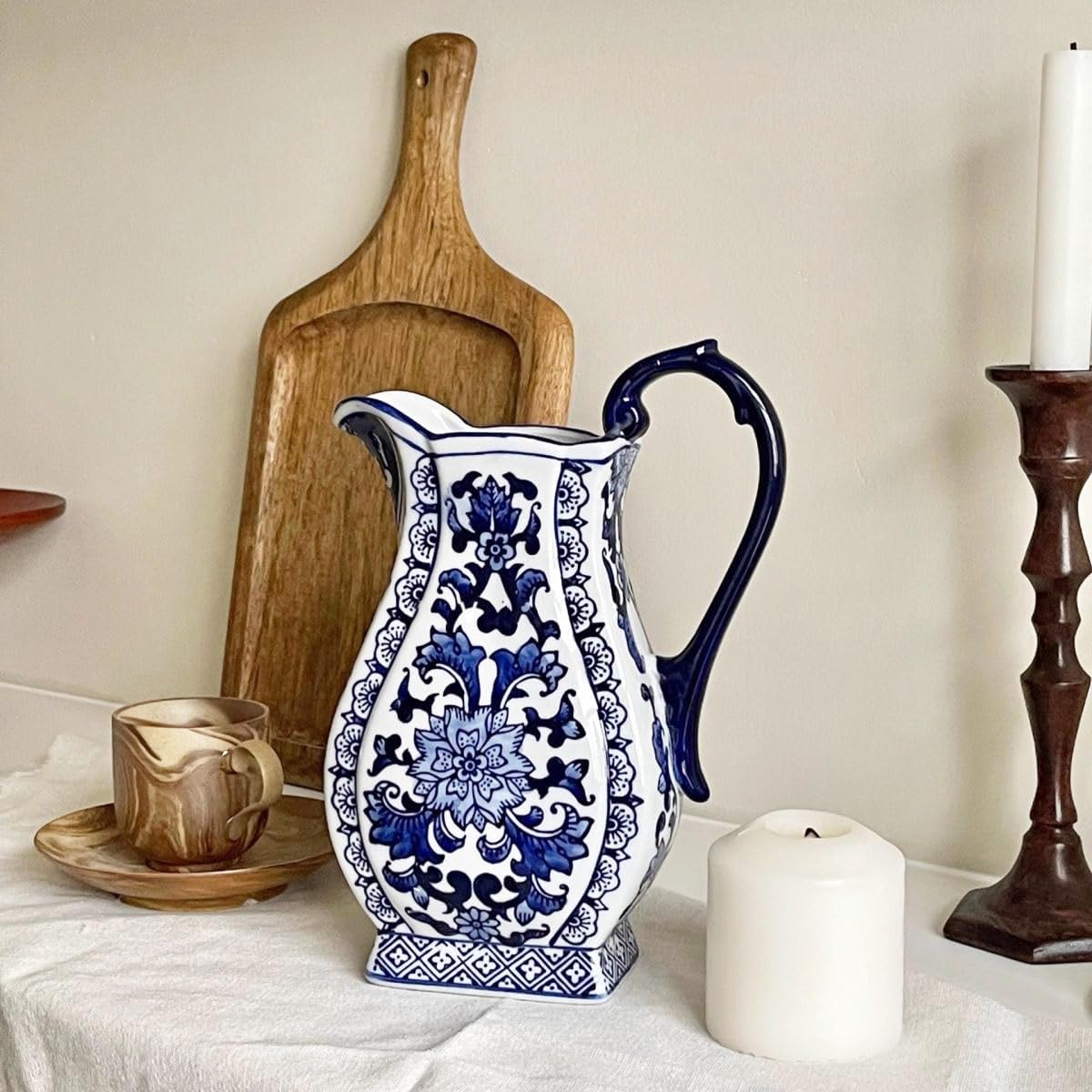 Vintage Ceramic Pitcher,Retro Rustic Blue and White Pitcher Vase Distressed Flower Vase for Home Decoration Centerpieces,B