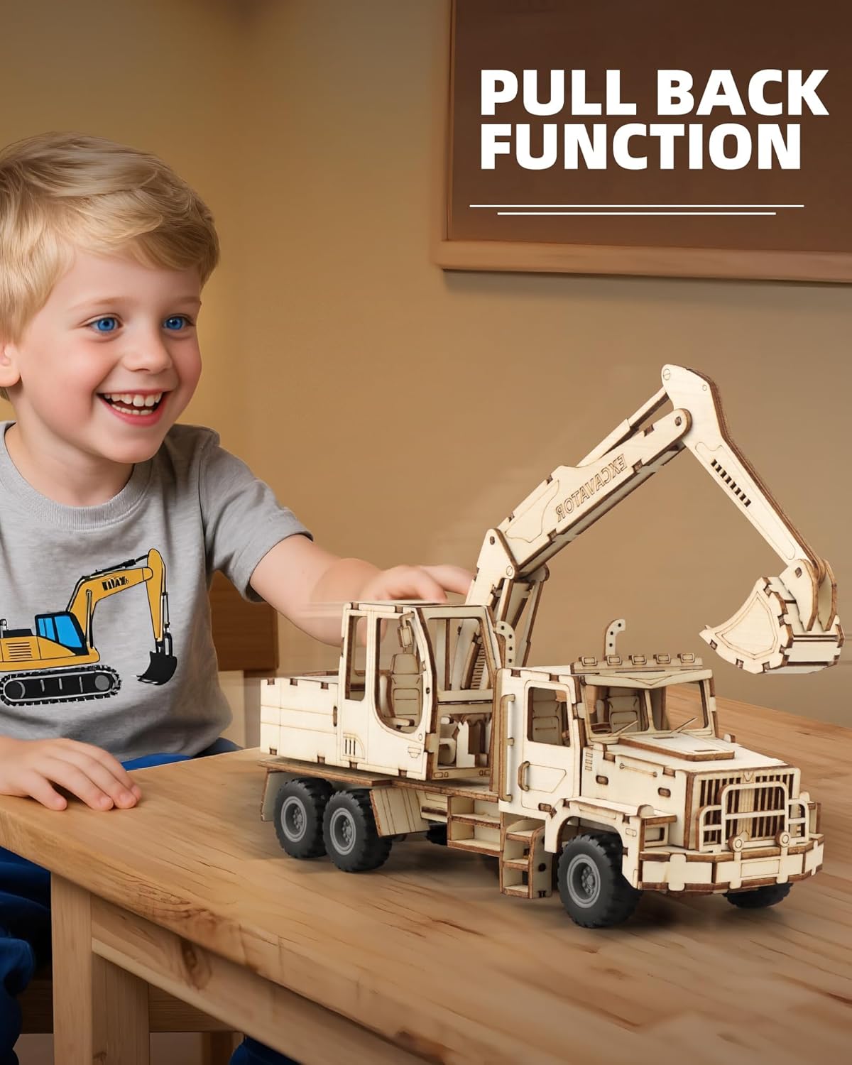 3D Wooden Puzzle for Adults, Excavator Wooden Mechanical Model Car Kits to Build, Brain Teaser Pull Back Truck Toys Birthday for Men Women (Excavator)