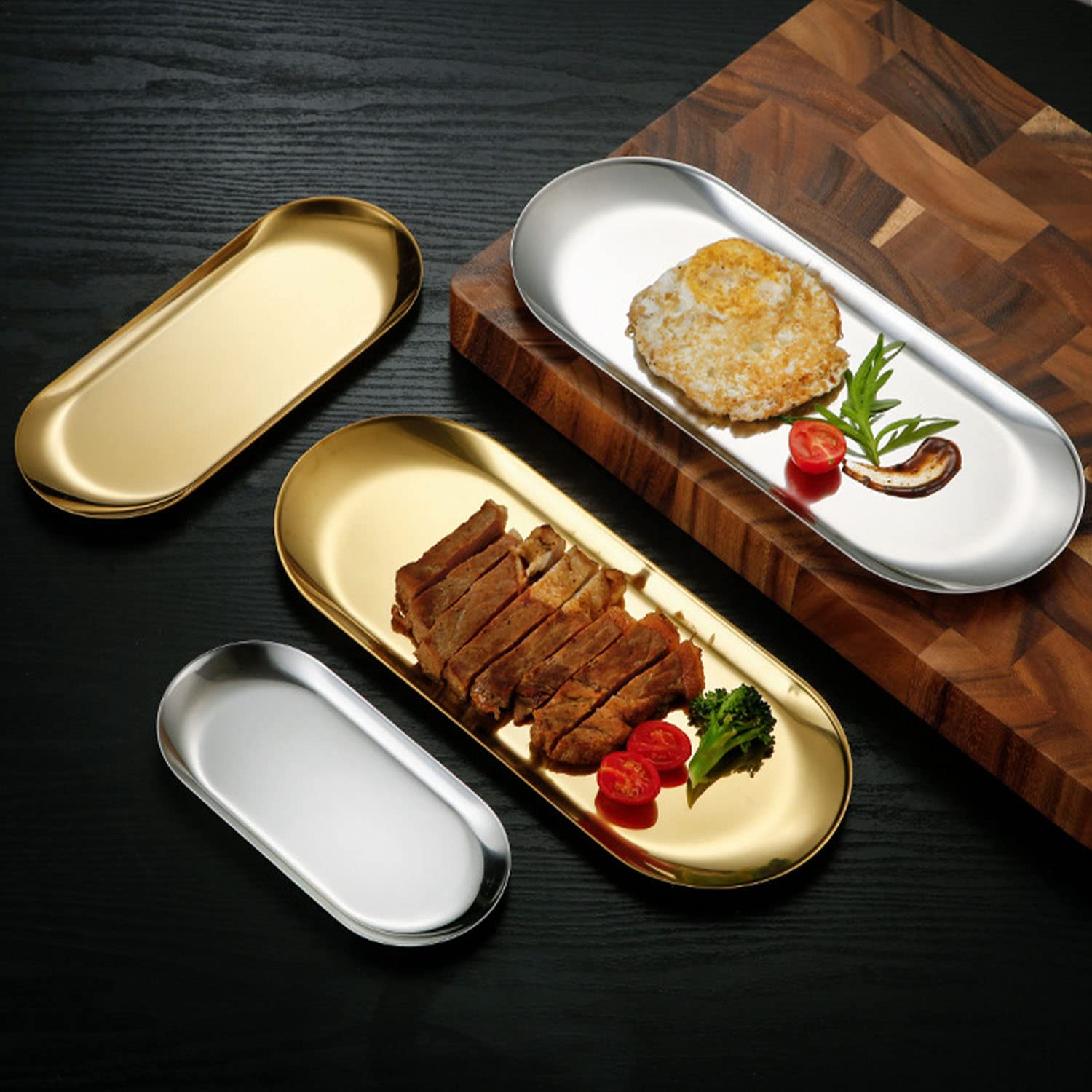 Plato de Merienda Postre Barbacoa Ovalado Bandeja Pequeña Acero Inoxidable Fuente de Servicio Compacta para Hogar Cocina Restaurante Hotel Camping Exterior Fiesta (6 Pcs)