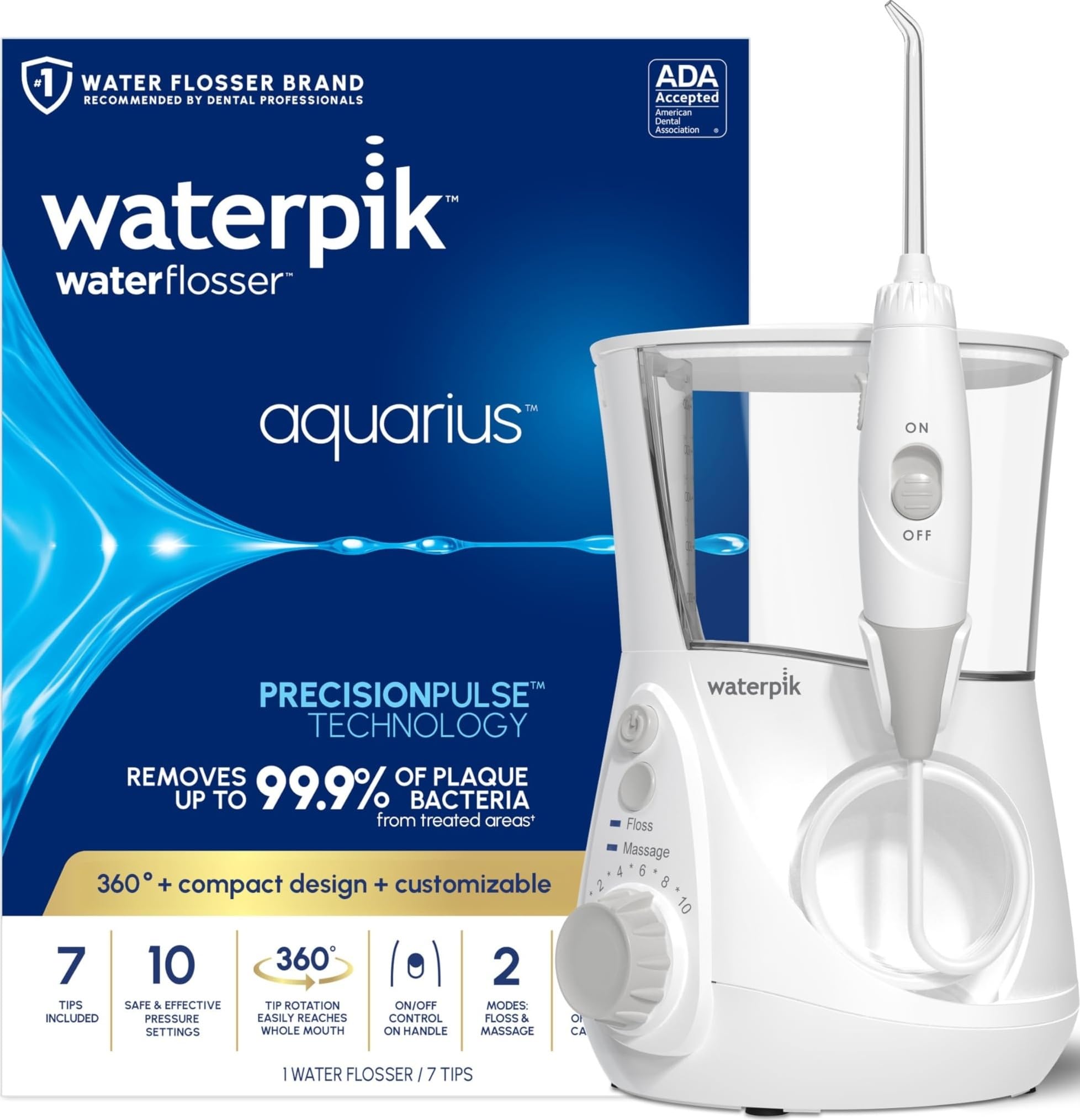 Waterpik Aquarius Countertop Water Flosser with 10 Settings, 7 Tips, White | For Daily Home Gum Health, Dental Braces, Implants, Teeth Cleaning, Multiple Users, ADA Accepted WP-660 Packaging May Vary