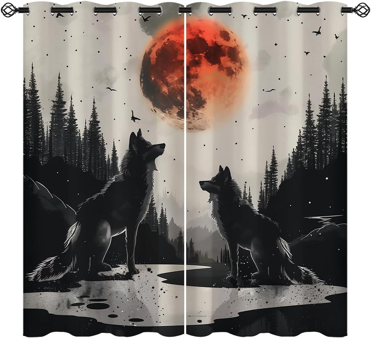 Wolf Blackout Curtains for Girls Boys Teens Home Decor, Moon Birch Forest Wild Animals Bird Mountain Grommet Thermal Insulated Drapes Darkening Window Curtain for Bedroom Living Room, 42 x 63 Inch