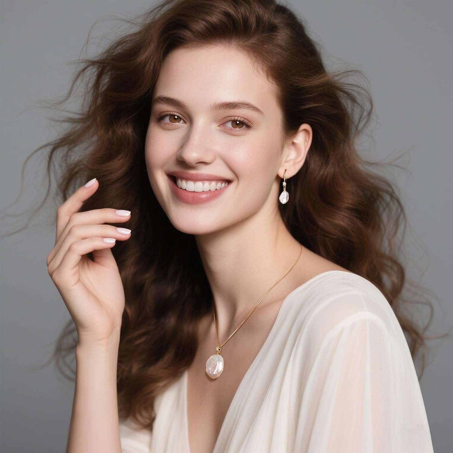 White Baroque Pearl Necklace and Earring Set 10-18mm S925 Sterling Silver Detachable Natural Freshwater Pearl Pendent Necklace Drop Earrings Set Vintage Pearl Jewelry Gift For Women - Image 3