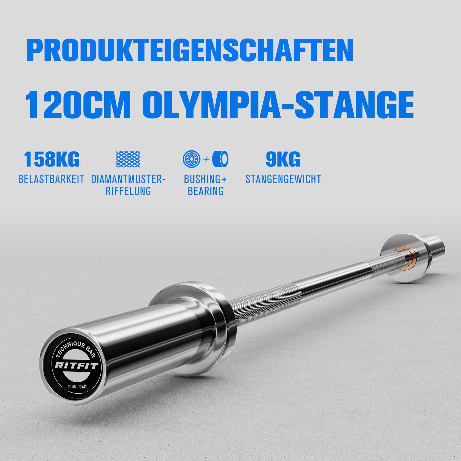 RitFit Olympia Langhantelstange 50mm, Hantelstange 120/150cm/200cm | für Kreuzheben, Kniebeugen, Bankdrücken, Fitness & Kraftsport
