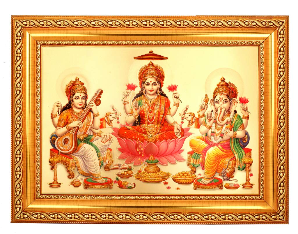 Photo Lakshmi Saraswati Ganesh cadre doré 35cm contre les énergies négatives
