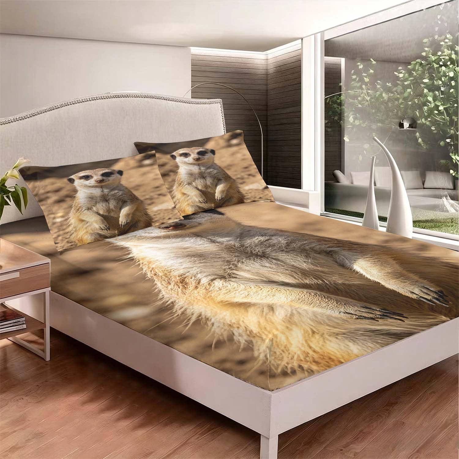 Drap Housse 180x200 cm Suricate 3D Drap-Housse Animaux Africains Draps Housses Microfibre 2 Personnes avec 2 Taie d'oreillers pour Matelas Épais XCW6188