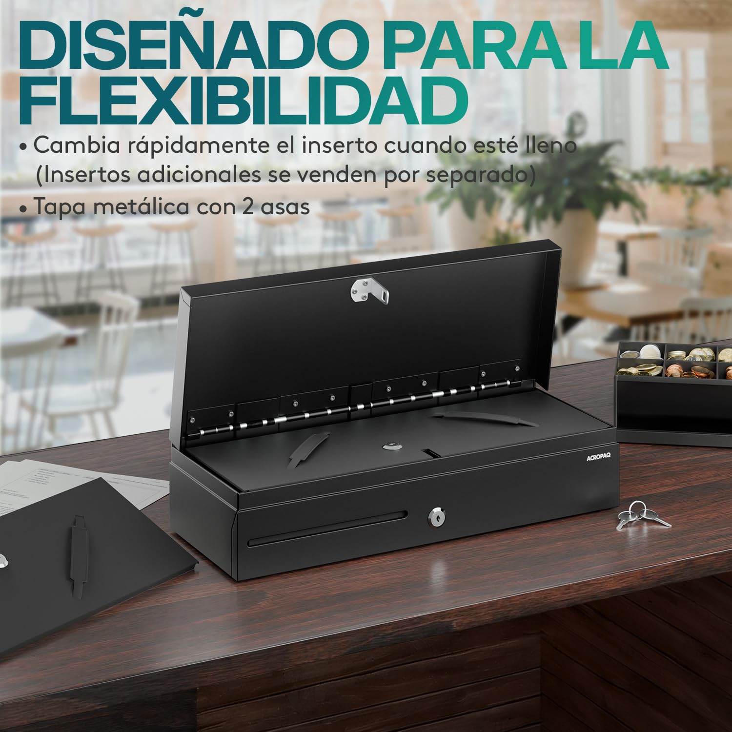 ACROPAQ Cajón portamonedas Fliptop - Compatible con caja registradora RJ11, 6 compartimentos monedas y 8 billetes, (46 x 18 x 10 cm) Carcasa de metal resistente, Inserto extraíble
