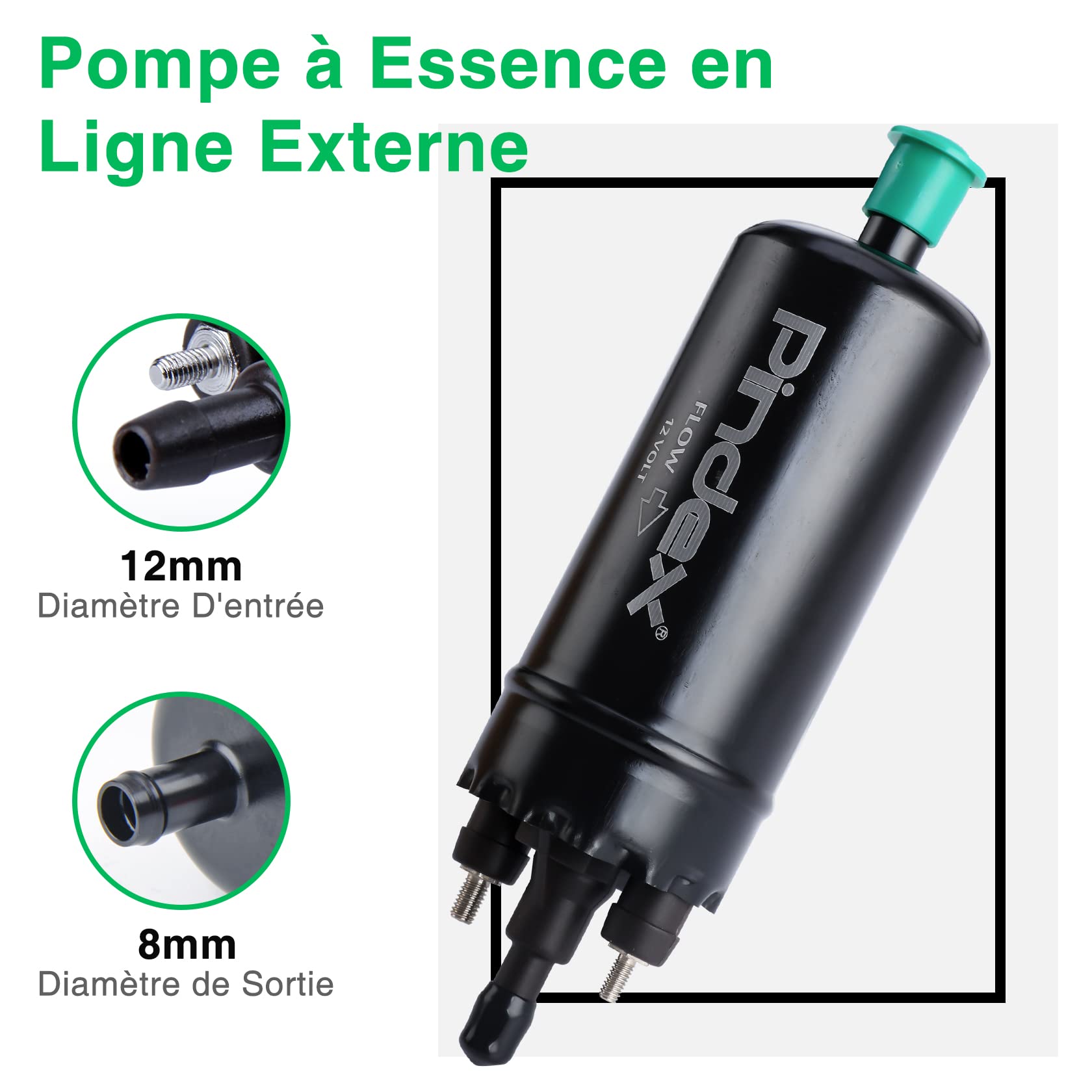 Pindex Pompe à Carburant Électrique: 125 PSI Pompe à Essence en Ligne Externe Haute Pression 12 V pour Essence, Diesel, Transfert d’essence Universelle Remplacement - Noir