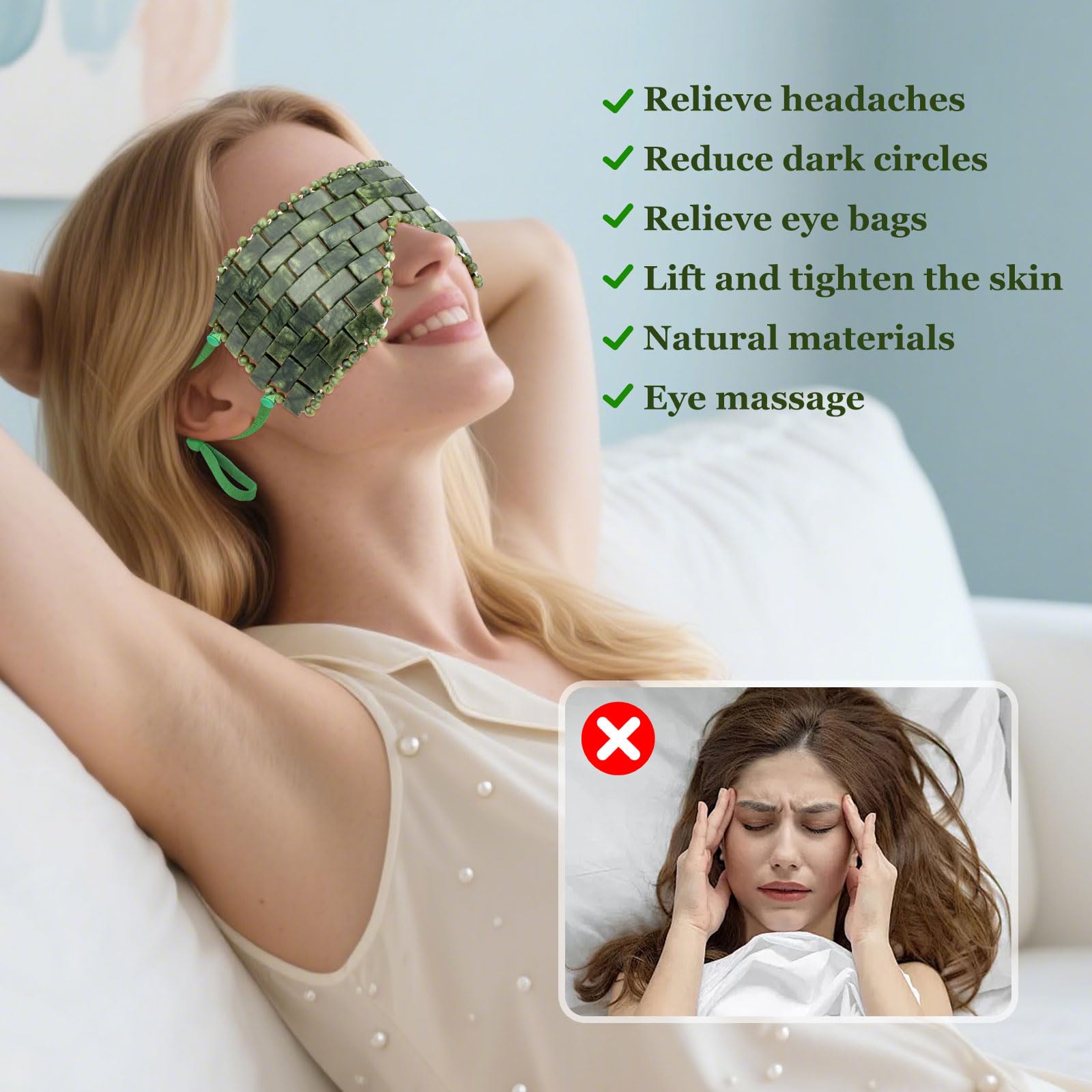 gemshan Maschera per occhi in giada con cinturino regolabile per le orecchie, 100% vera gemma naturale, maschera facciale riutilizzabile in giada per alleviare il gonfiore, impacco caldo freddo per