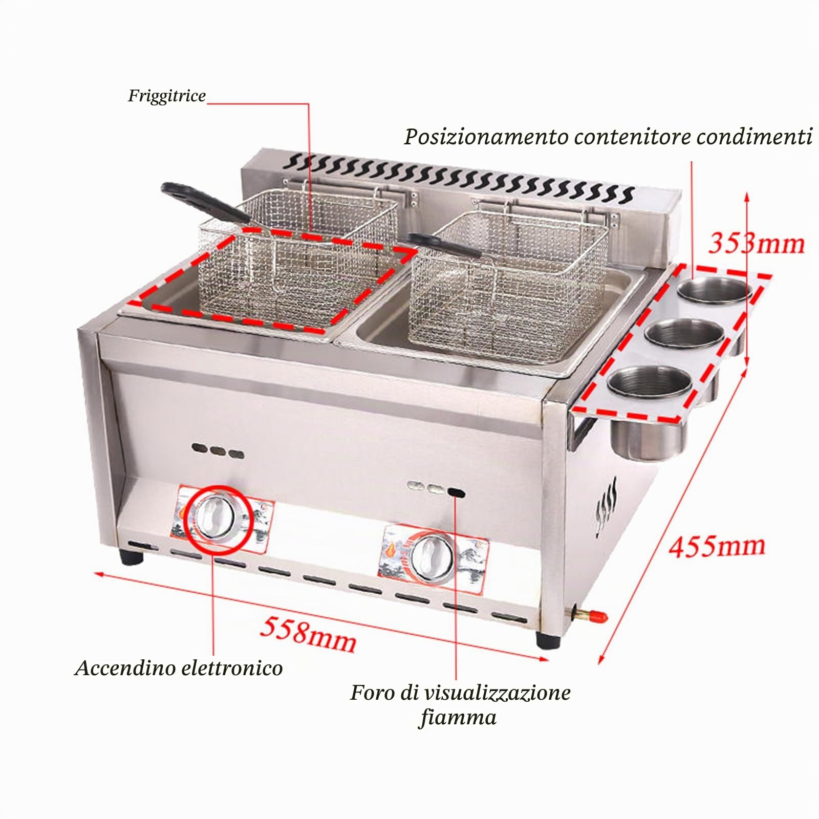 Friteuse à gaz Professionnelle GPL Commerciale a doppio serbatoio 2x8L Friggitrici olio in Acciaio Inox, per uso domestico e commerciale,potenza di fuoco regolabile,include cestini e coperchi