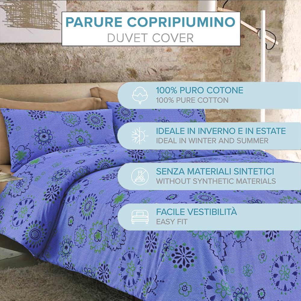 Dorian Home Copripiumino Matrimoniale e Federe in Cotone Stampato Made in Italy (Opium Bluette, Matrimoniale, Parure Copripiumino)