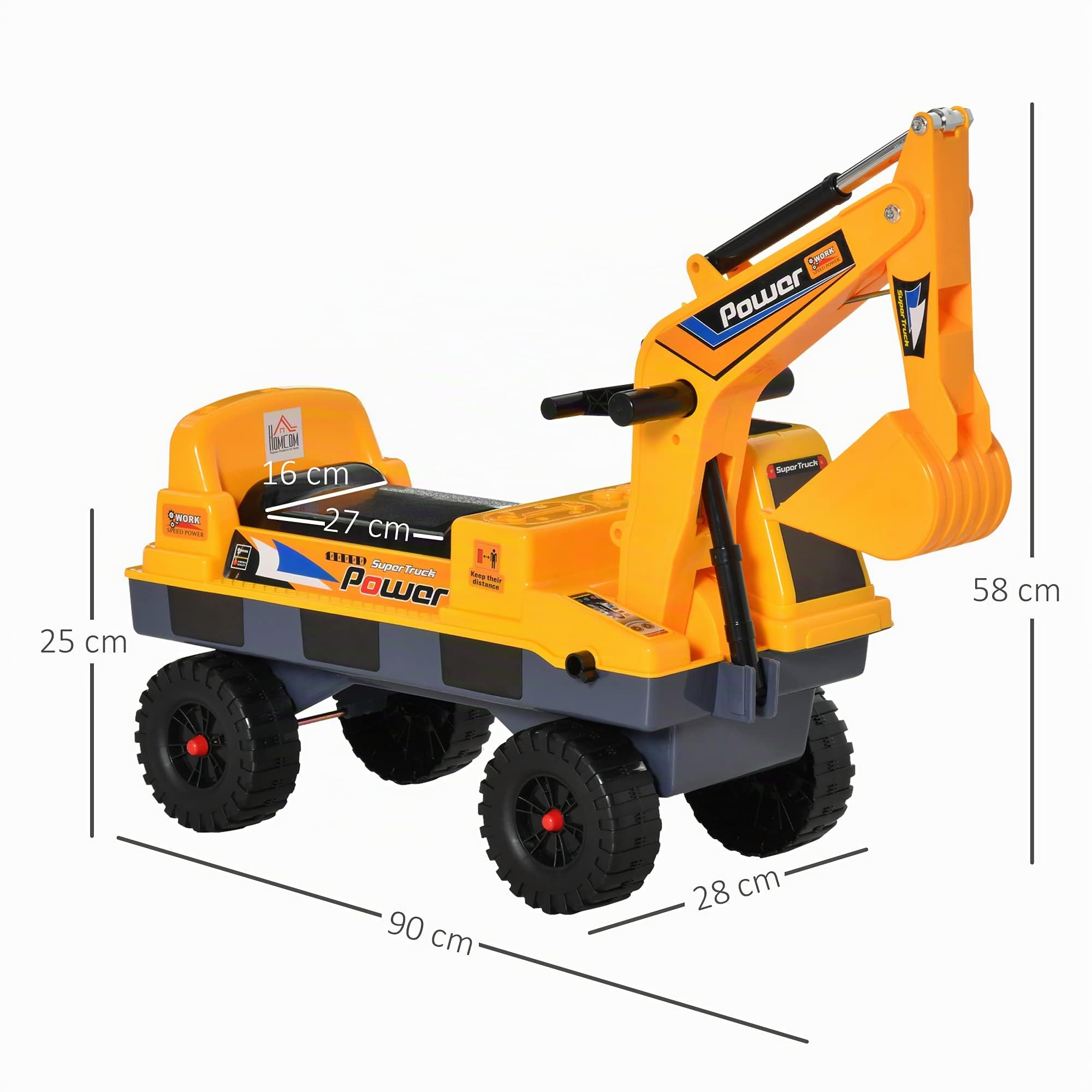Homcom Kinder Tritor Lauflernhilfe Traktor 2 – 3 Jahre Bagger mit Gelenk, mit Zange inkl. Soundeffekte, Polypropylen, Gelb