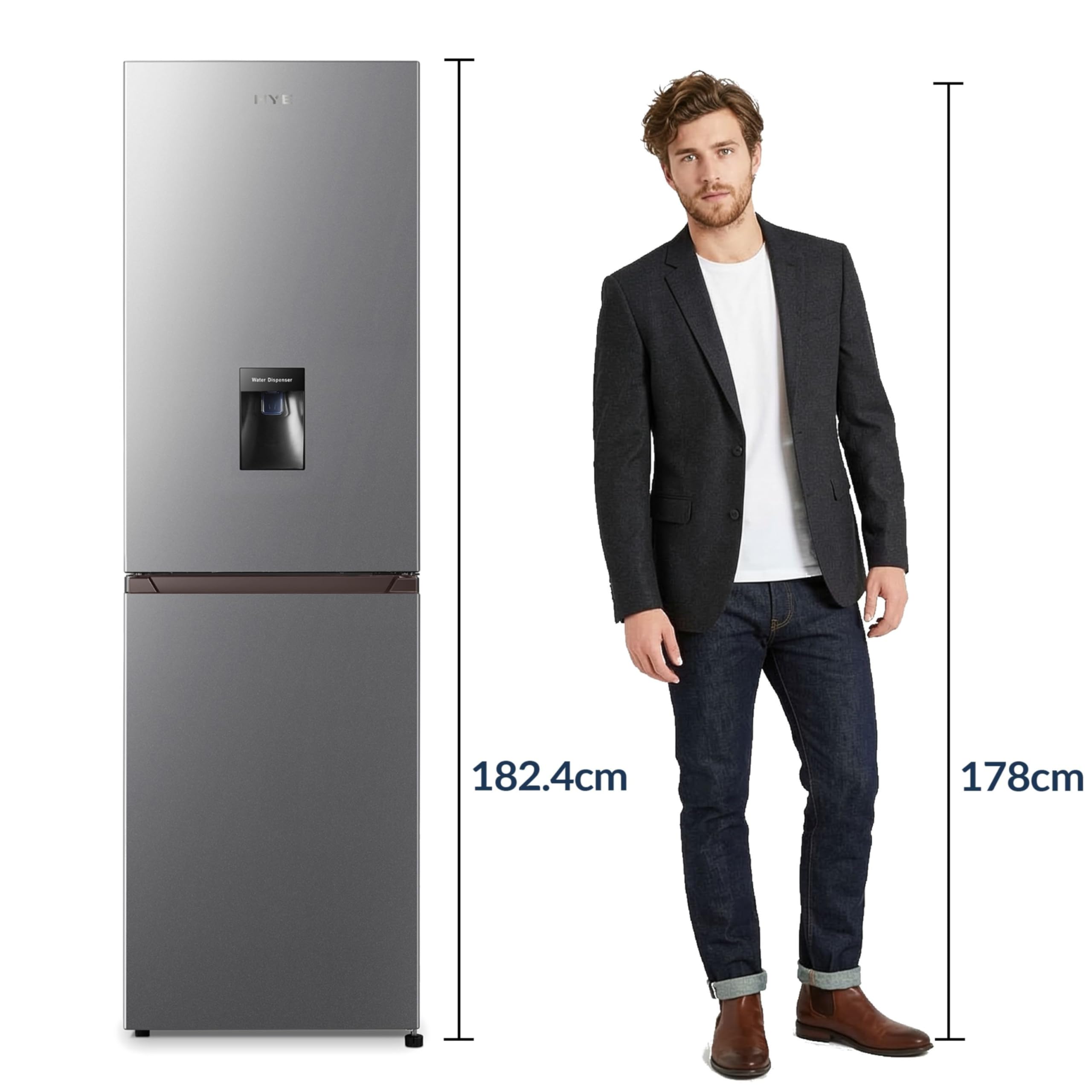 HYE Fridge Freezer - 50/50 Freestanding Fridge Freezer, 182.4cm Height, 55cm Width, 256 Litre Capacity, Total No Frost & Non-Plumbed Water Dispenser, Silver - RF01FF256S18 — view 8