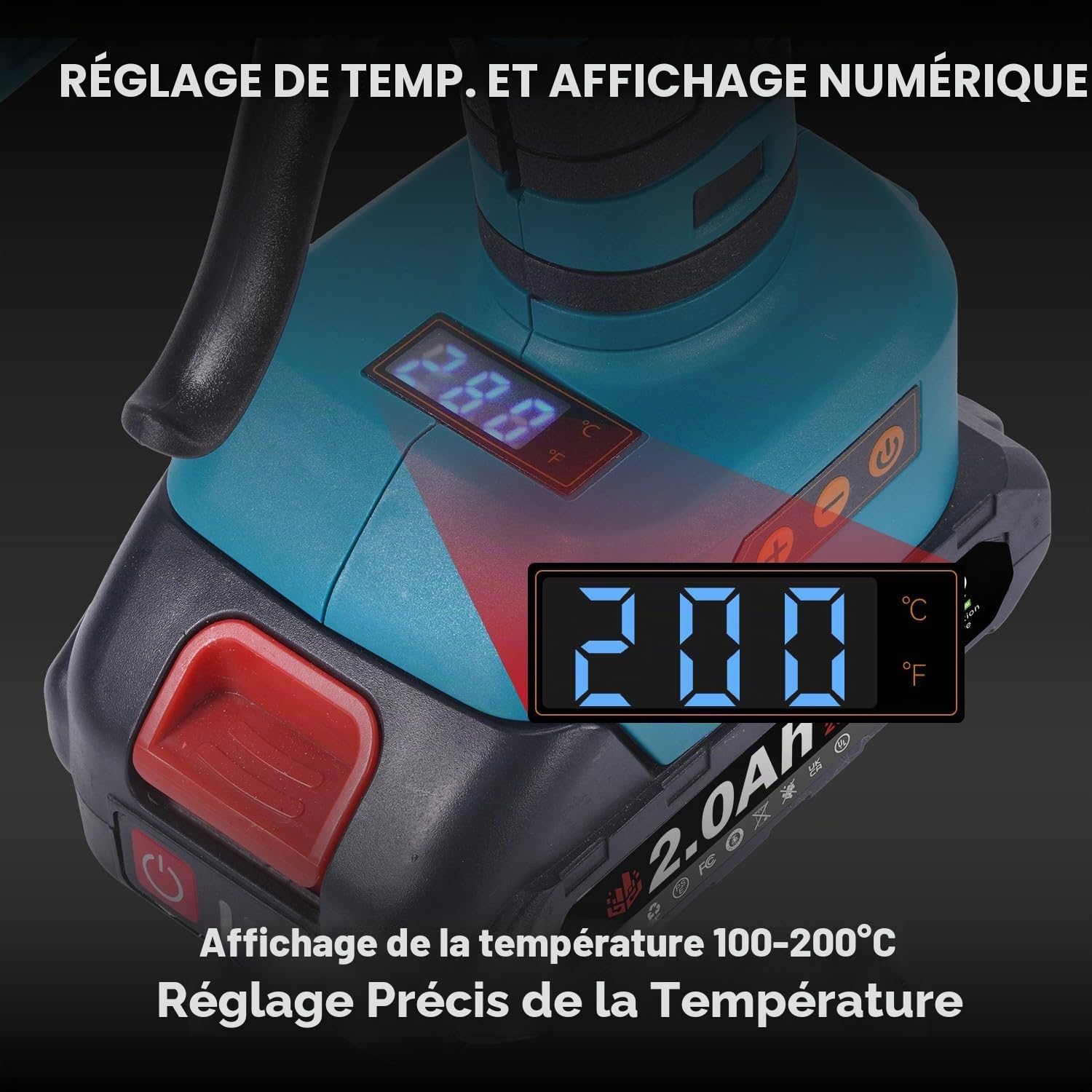 ONEVAN Pistolet Silicone Chaud Sans Fil, Decapeur Thermique, Pistolet à Cartouche Électrique, 100-200 ℃, Chauffage Rapide 60s, Affichage Numérique, avec 2 Batteries 2 Ah et 10 x Colle 11 mm