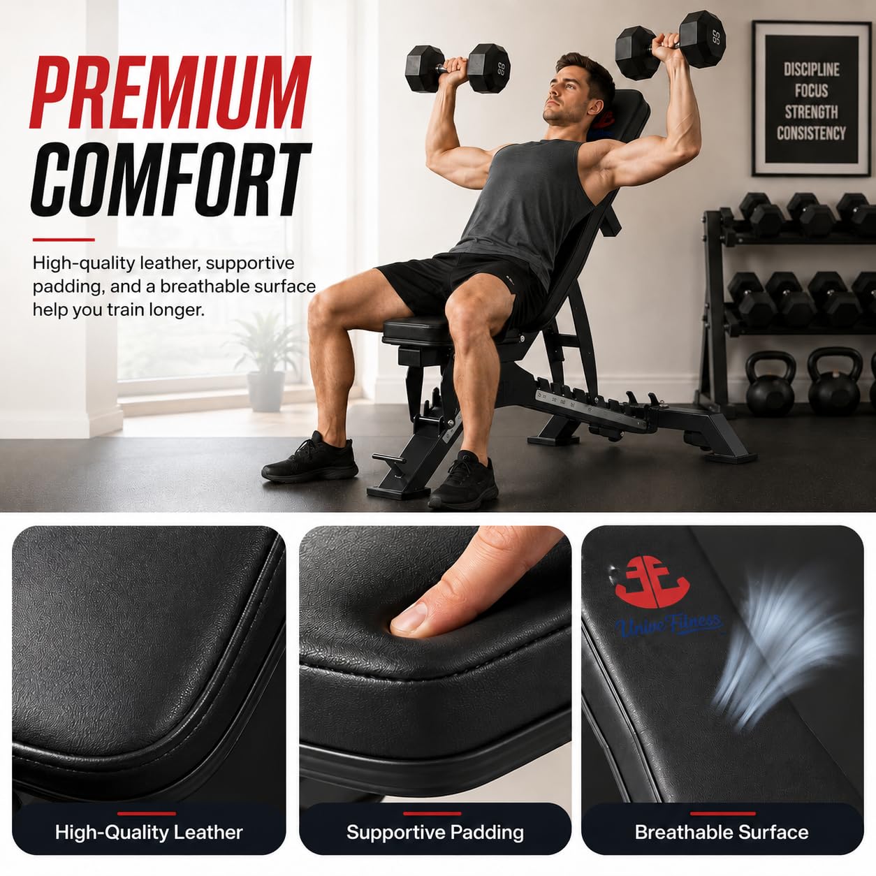 Adjustable Weight Bench, 1300 lb, 40 Positions for Home Gym | 10 backrest and 4 seat angles, heavy-duty steel frame for incline, flat, and dumbbell strength training