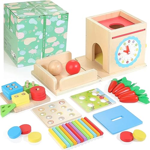 Kizfarm Juguetes Montessori de madera para bebés, kit de juego de madera 8 en 1, incluye caja permanente de objetos, caja de monedas, cosecha de