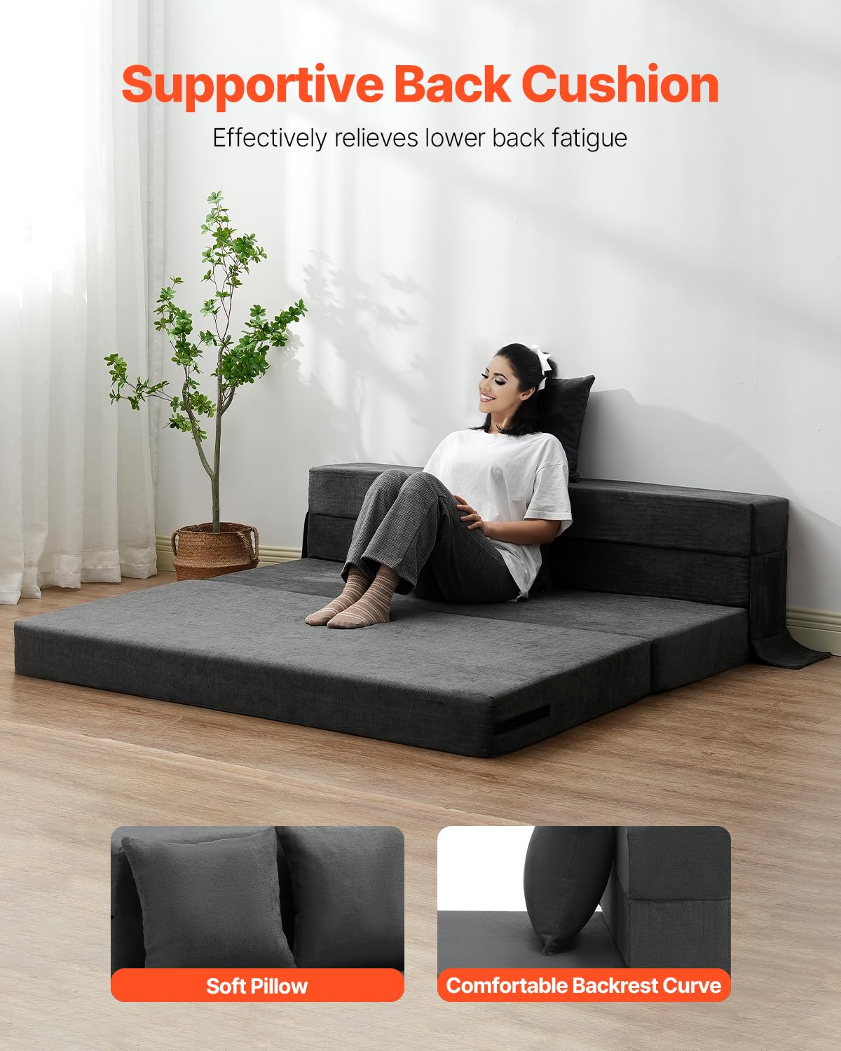 VEVOR Divano Letto Pieghevole con 2 Cuscini e Fodera Lavabile, Poltrona Letto Trasformabile in Memory Foam ad Alta Densità 25D, Divano Futon per Soggiorno, Camera da Letto, Grigio Scuro, Queen