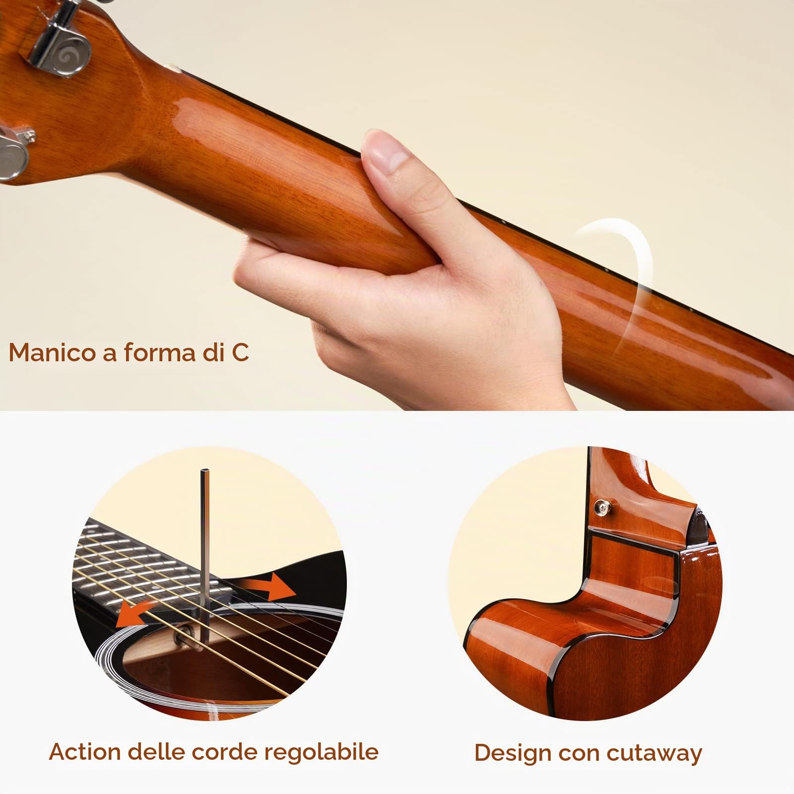 Vangoa 4/4 Chitarra Acustica Kit Abete Rosso Legno Dreadnought Chitarra Folk Acustiche per Principianti Adulto Studente con Borsa Corde Plettri Capotasto Cinghia, Lucido, Sunburst