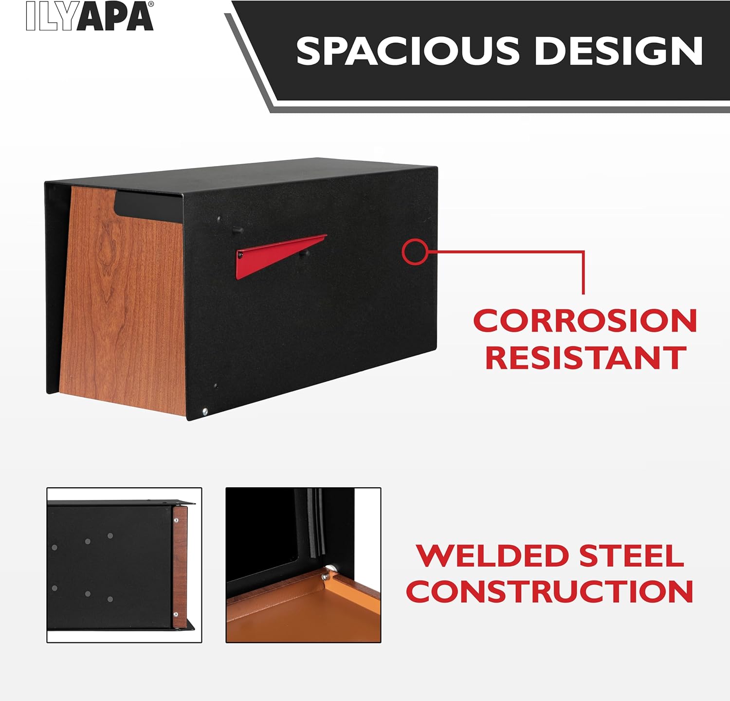 Ilyapa モダンメールボックスポストマウント - 21x8x10インチ ブラック モダンメールボックス 屋外用 - レッドウッド