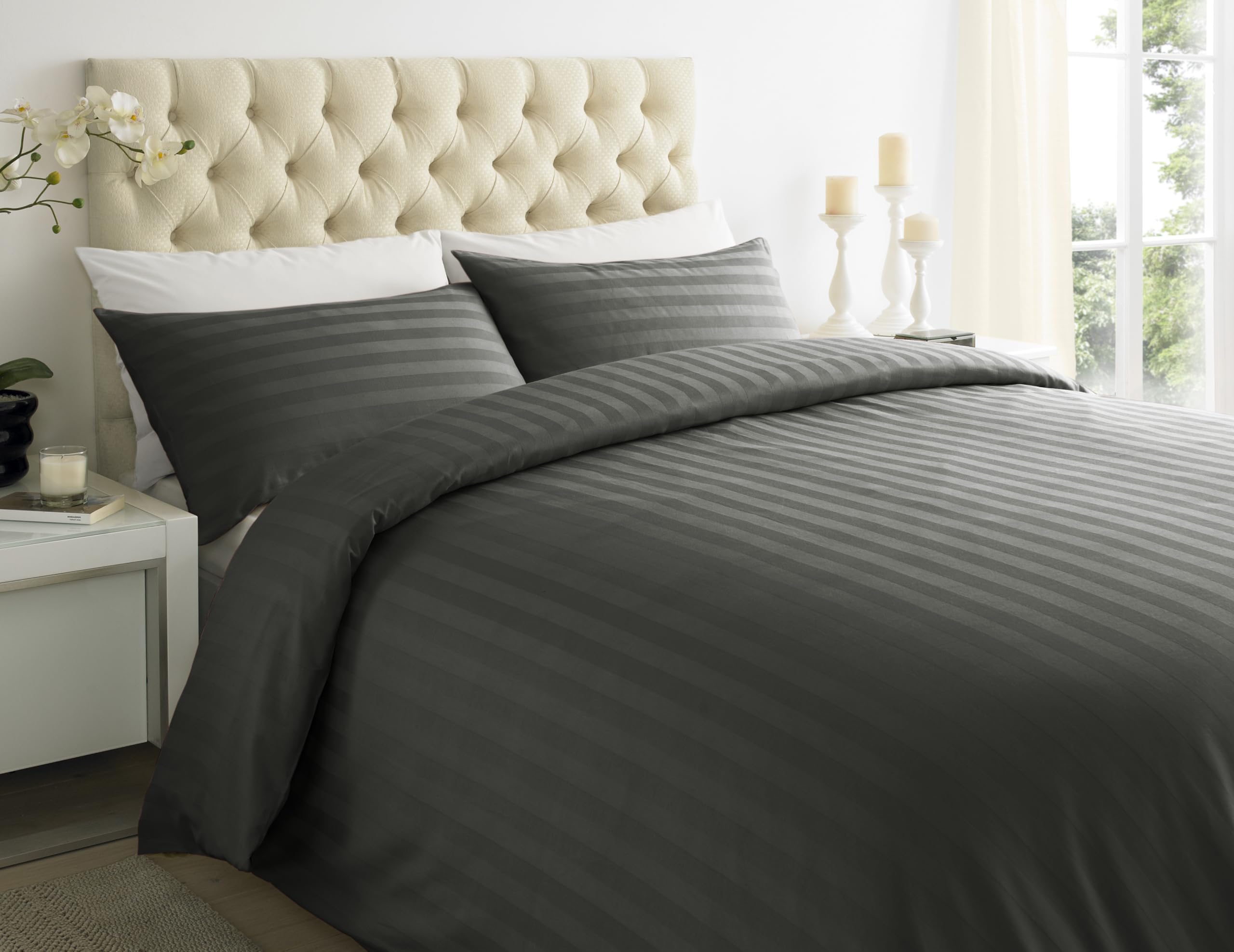 ARHAUM Luxury 400 Thread Count Duvet Cover Set with 2 pillowcases (48 x 75 CM) | 100% Egyptian Cotton Soft & Comfortable Satin Stripe Bedding Set (Steel Grey, Super King-260x220CM)
