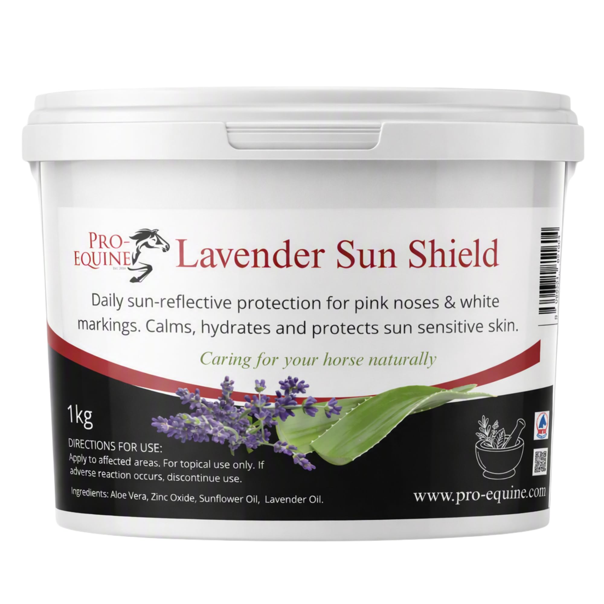 Pro-Equine Lavender Sun Shield 1kg, a natural, mineral‑based sun‑protection gel for horses. pets and livestock.