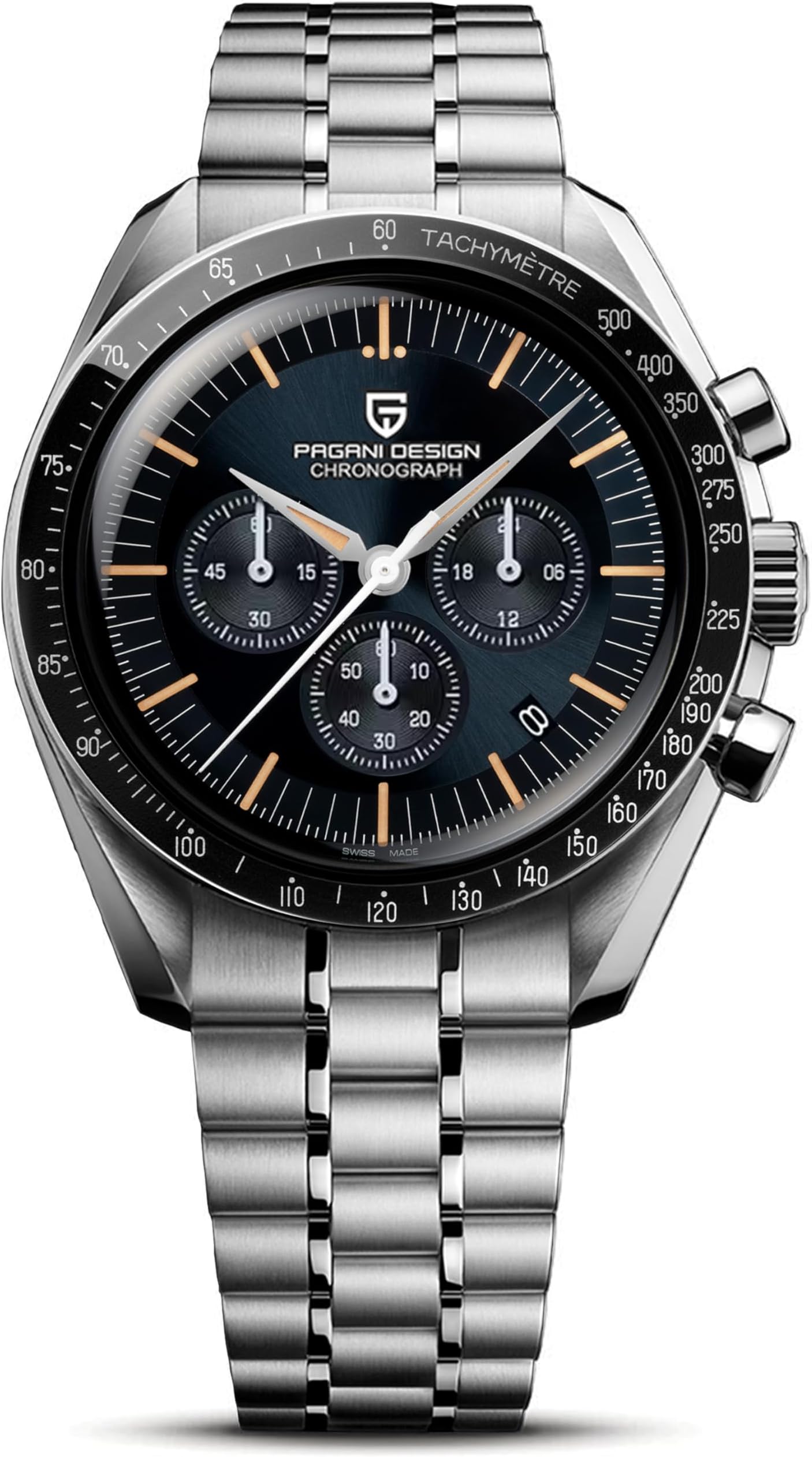 Pagani Design 1701 Men's Watch, Chronograph, VK63 Japanese Quartz Movement, Stainless Steel Bracelet, Water Resistant to 330 Feet (100 Meters), Sapphire Glass Wristwatch.