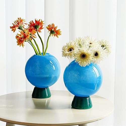 Miniatura 7 de Round Flower Vase 8 inch Blue Thickened Blown Glass Vase for Bookshelf,Dining Table,Indoor Office Desktop,Bathroom,Countertop,Home Christmas Day