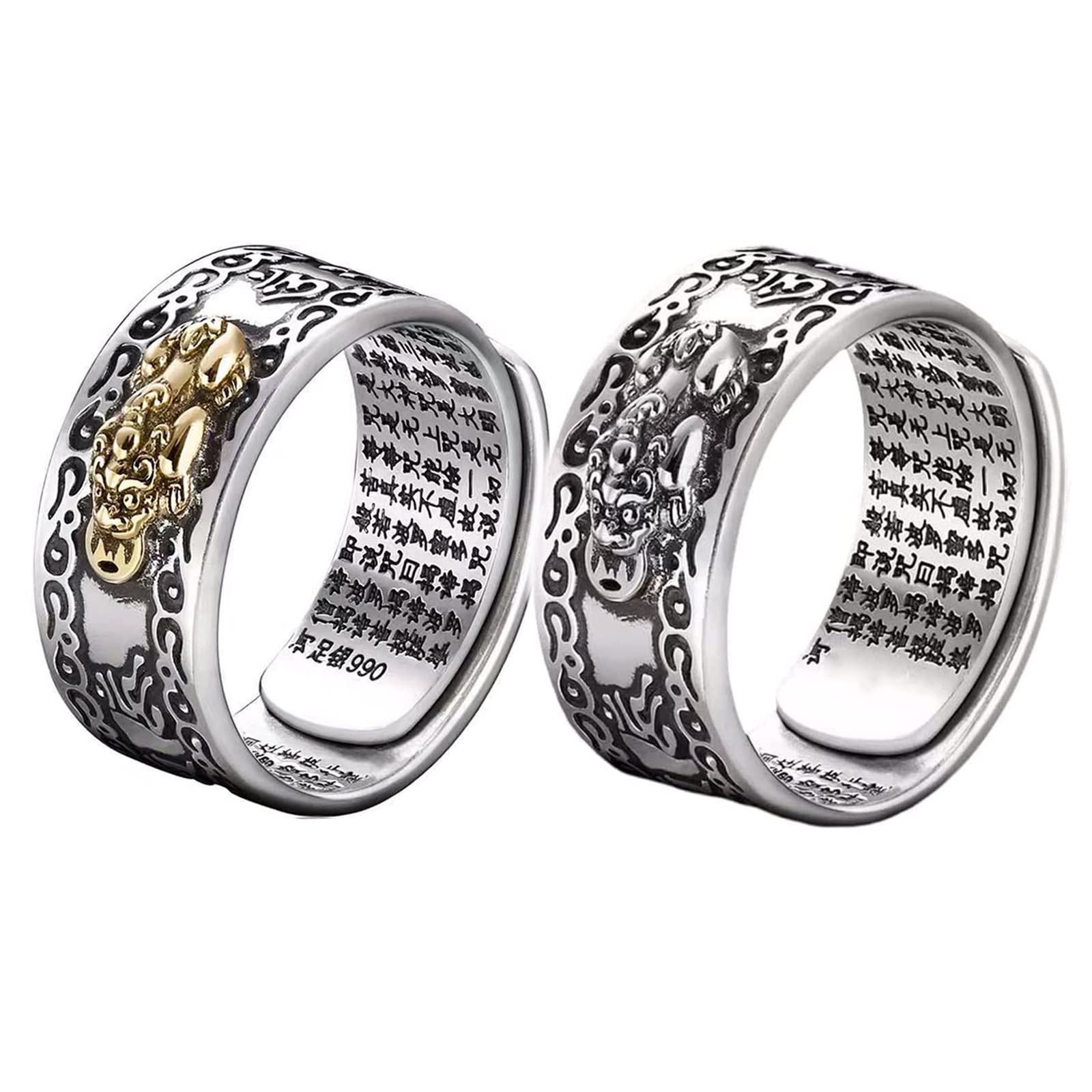 AngyapeFeng Shui Pixiu Mantra Ring,Adjustable Buddhist Good Luck Amulet Mantra Double Protection Wealth Love Health Ring Gift For Men Women