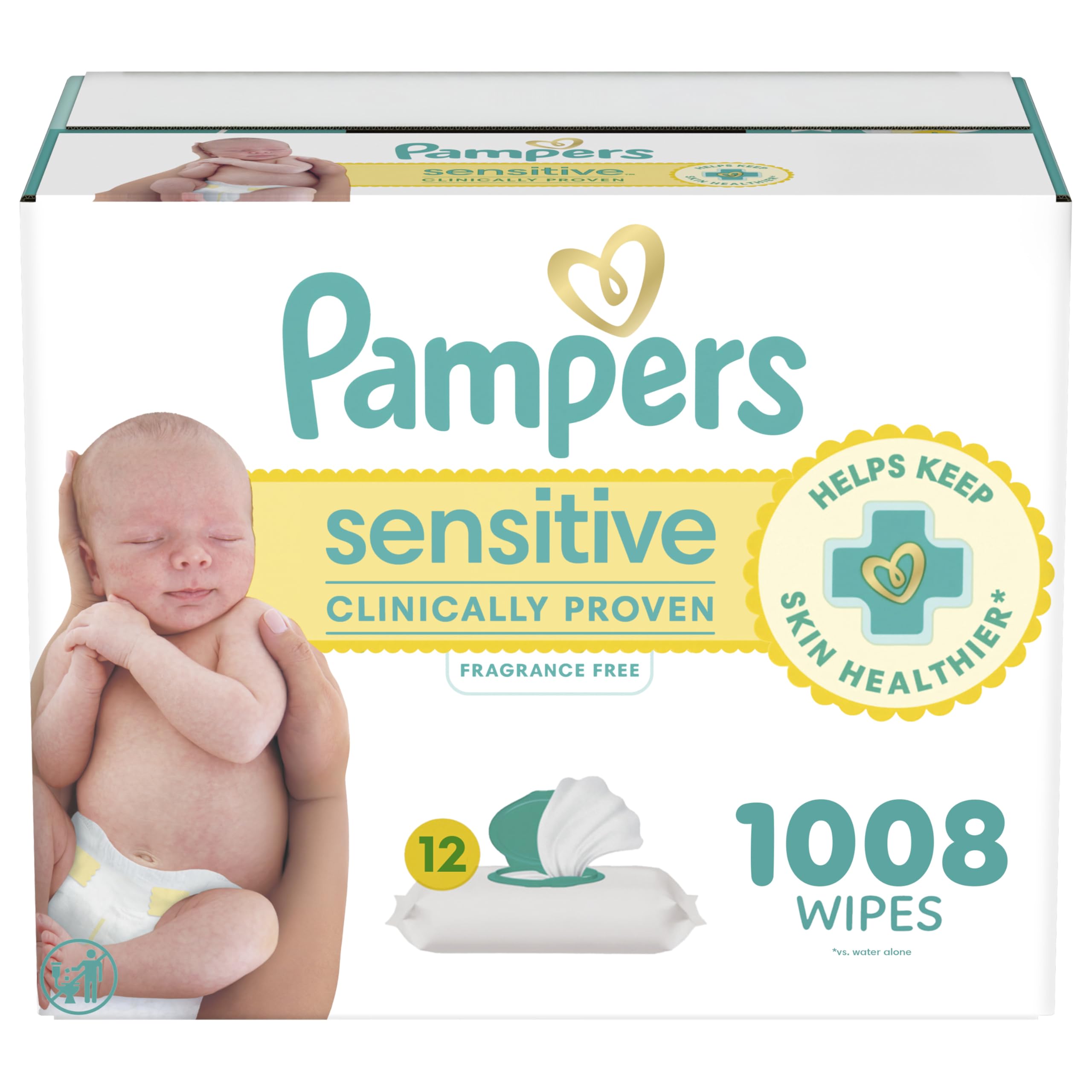 Baby Wipes, Sensitive, Water Based Wipe, Clinically Proven, Hypoallergenic, and Unscented for Babies, 1008 Wipes Total (12 Flip-Top Packs) [Packaging May Vary]