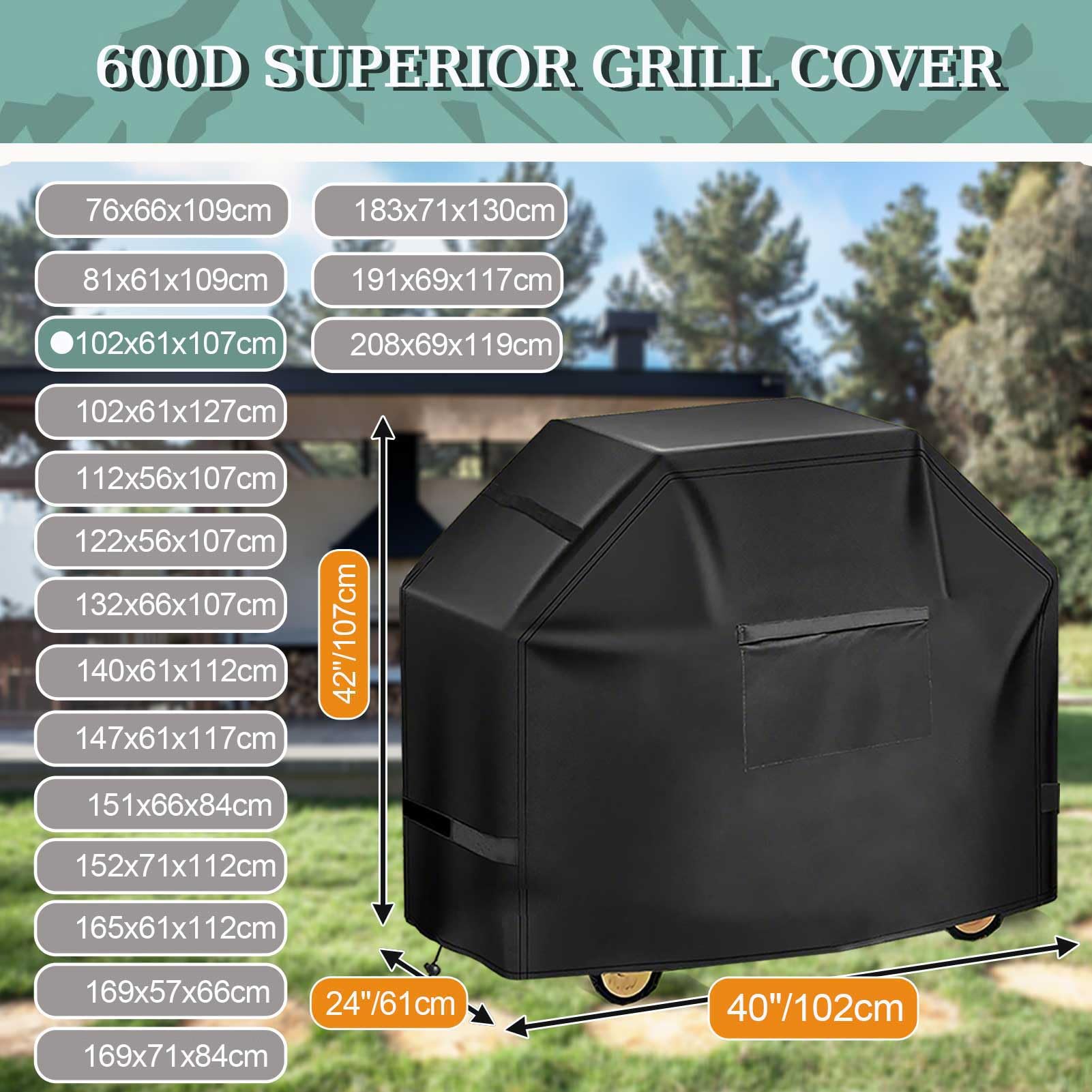 Premium 600D Copertura impermeabile per barbecue a gas 90/120/140/160 cm adatta Brinkmann Nesis serie 300 Outdoor Protect Grigio 102x61x107 cm