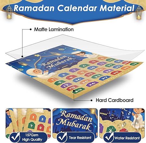 Miniatura 4 de AhfuLife Calendario de Adviento de Ramadán 2023, decoraciones de cuenta regresiva de Eid Mubarak, 30 días y 30 estrellas reutilizables para el