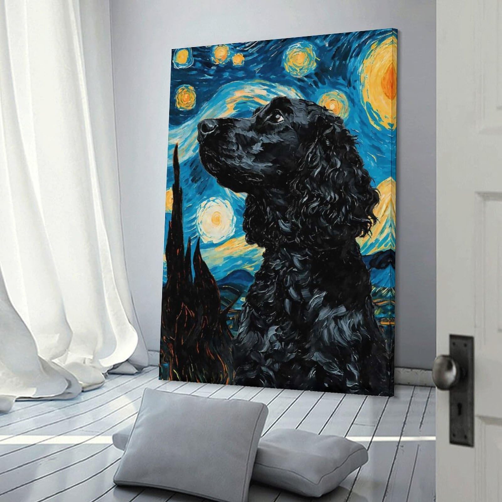 Junmoney Frame-Style-8 Starry Cocker Spaniel Decorative Canvas Print, 12X18inch(30X45cm), For Living Room, Bedroom Or Home Office, Canvas Artwork With Gifting Potential