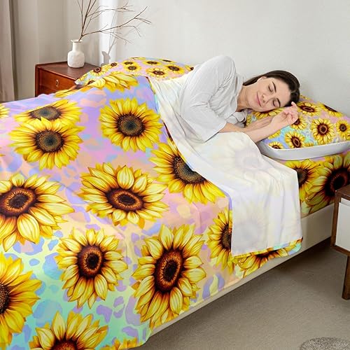 Miniatura 2 de Juego de sábanas de girasoles de granja, tamaño Queen, juego de sábanas con estampado de piel de leopardo y gato grande, decoración de dormitorio de