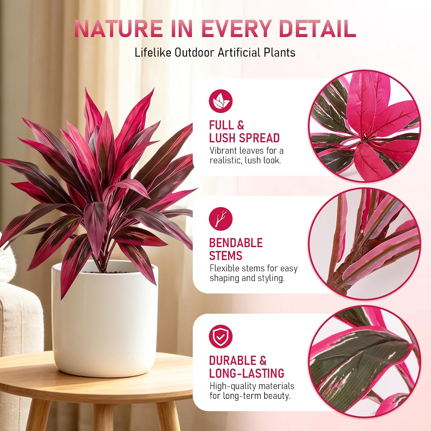 2pcs Artificial Boston Fern & Dragon's Blood Tree, Red/Pink | Large, Realistic, UV Resistant, Red Cordyline Ti Plants, Vibrant Purple Leaves