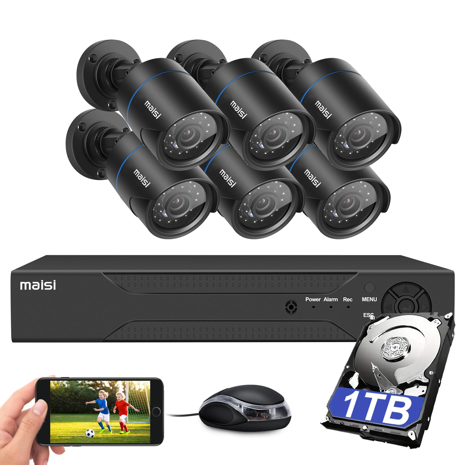 MAISI 3K 8CH DVR CCTV Camera System Outdoor with 1TB Hard Drive 24/7 Recording, 6 x 5MP Wired Home Security Camera, Face Human Vehicle Detection, IR Night Vision, IP67 Waterproof, APP Email Alert