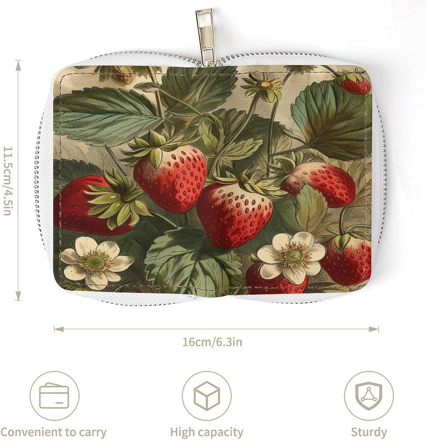 Leather Card Organizer Case Card Wallet Credit Card Holder Red Strawberry Printed Zipper Card Cases Holder for Women Men