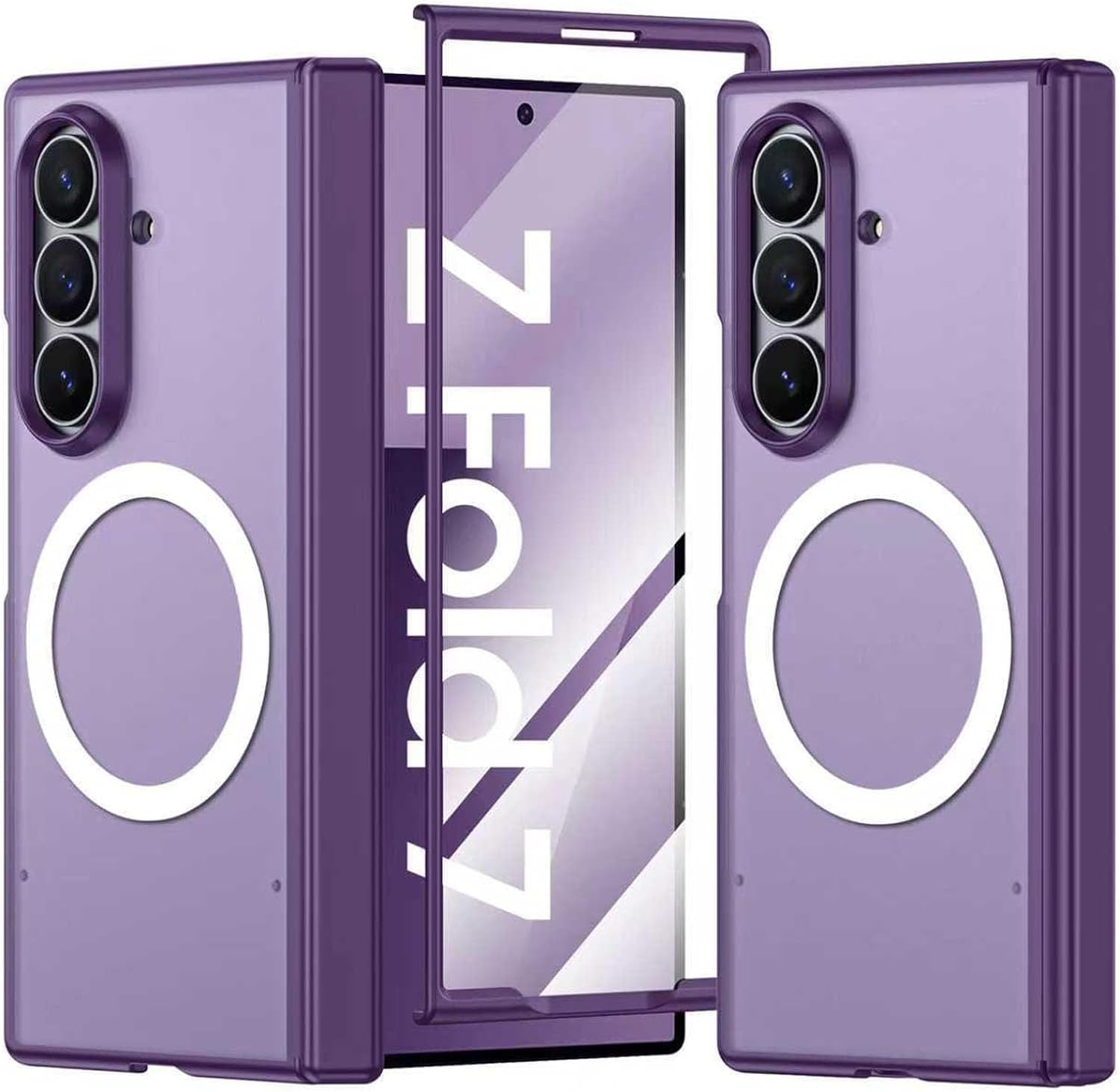 Case for Samsung Galaxy Z Fold 7, Hinge Protection Translucent Frosted Hard PC Cover with Built in Screen Protector, Full Coverage & Wireless Charging Support(Purple)