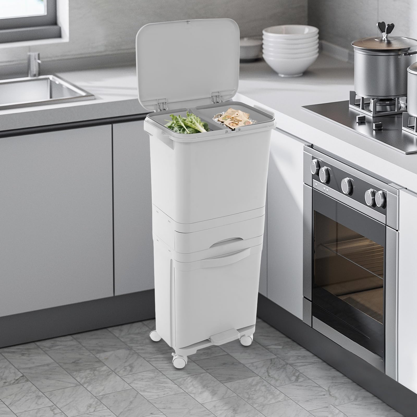 Papelera de cocina 42L con 3 compartimentos, papelera de cocina, papelera de separación de residuos secos y húmedos con ruedas, papelera con pedal y tapa sobre ruedas para cocina, hogar y
