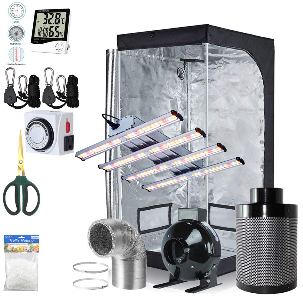1200W LED Full Spectrum Professional Grow Light Strips + 32''x32''x63'' 600D Mylar Grow Tent Room + 4'' Inline Fan Air Carbon Filter Ventilation System Indoor Plan t Grow Tent Complete Kit