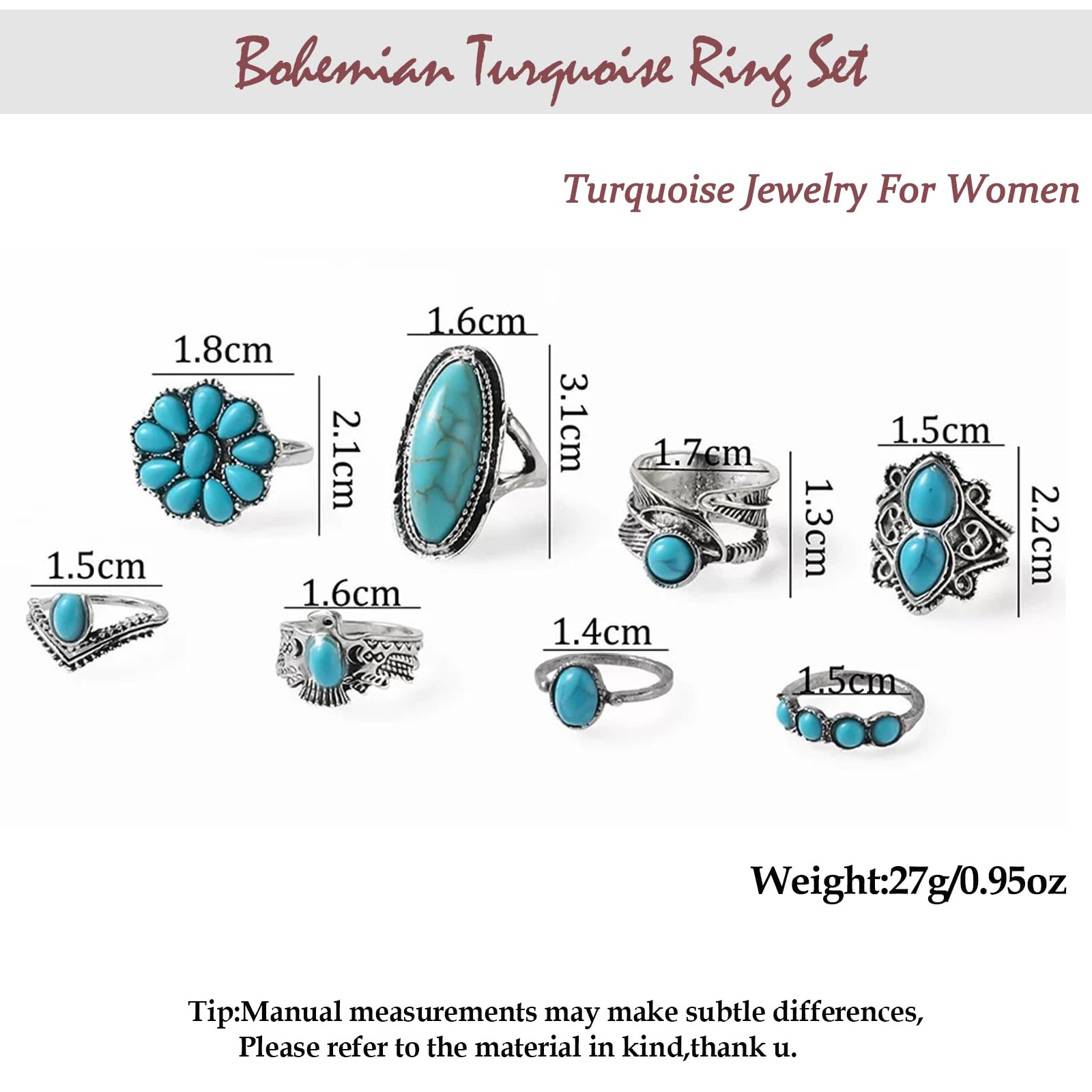 Juego de anillos bohemios de turquesa para mujer, anillos occidentales gruesos y gruesos de ópalo turquesa apilable, juego de anillos de nudillos punk de cristal midi, joyería bohemia, Metal, Sin 7