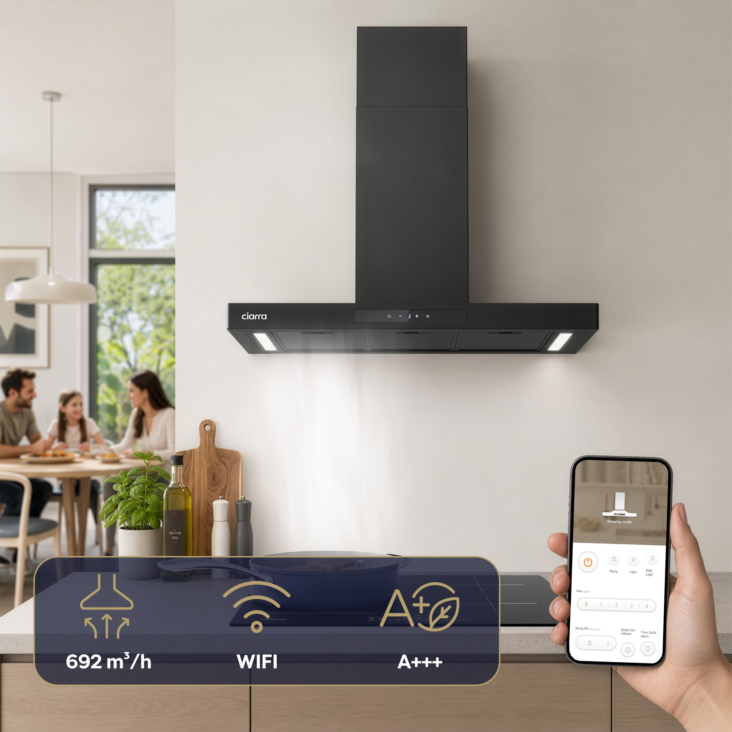 CIARRA CBCB9102-P Campana Extractora 90cm Clase A+++ 706 m³/h A+++ WIFI
