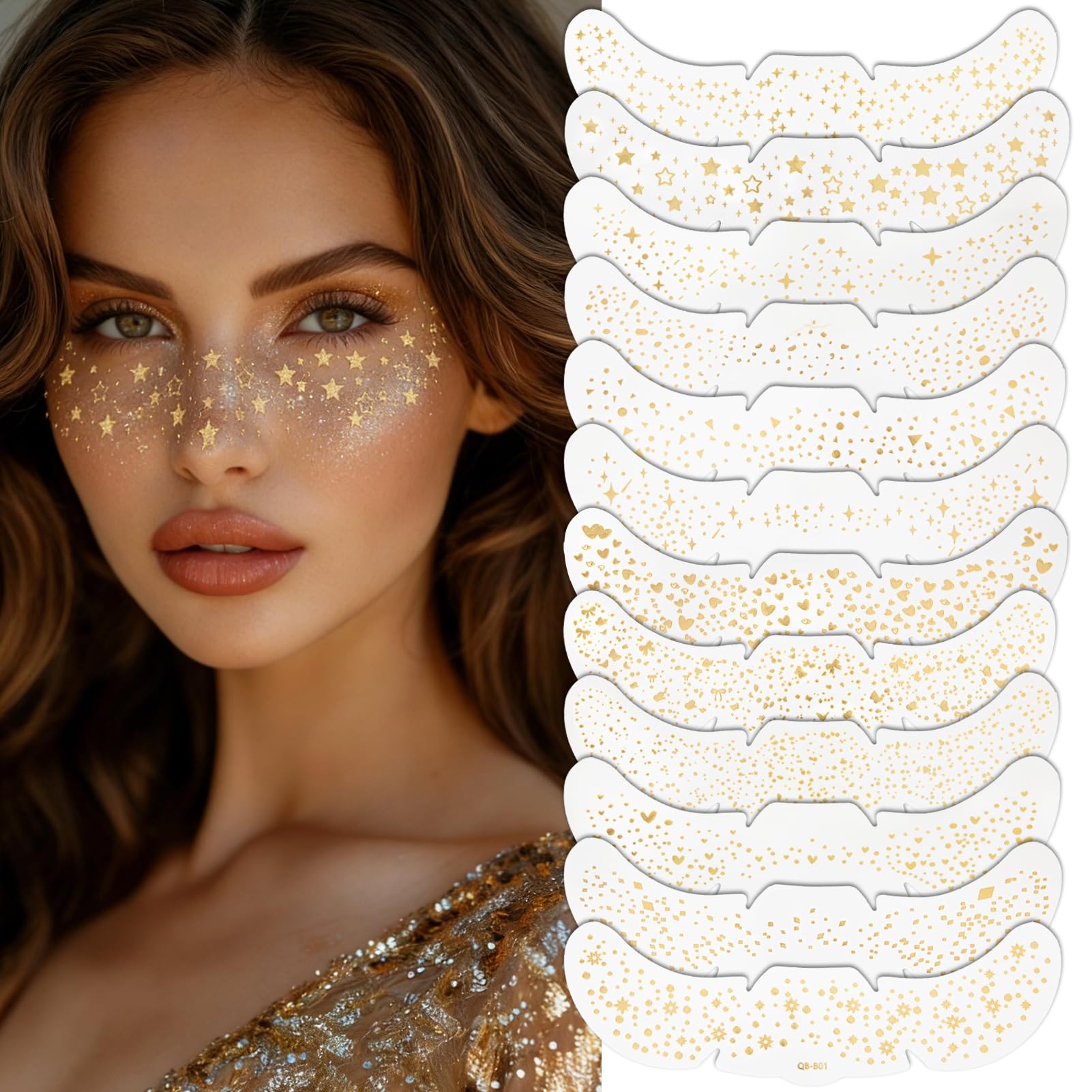 Photo 1 of 12PCS Glitter Freckles Face Tattoo, Gold Sparkle Freckles Makeup Patches for Women Girls, Waterproof Temporary Face Tattoos for Party Festival Concerts Rave Accessories