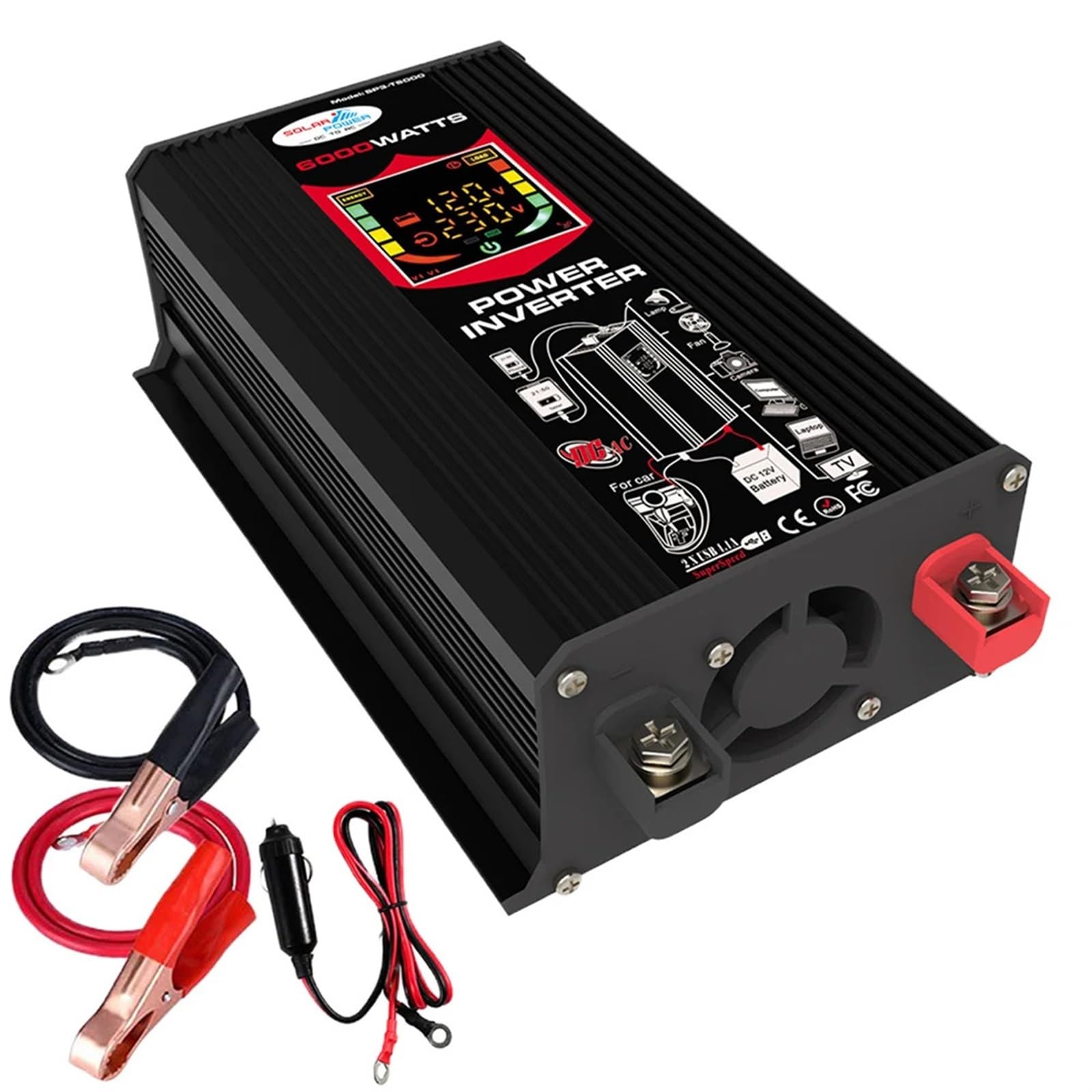 Przetwornica napięcia, 6000W Inwerter samochodowy Modyfikowany sinusoidalny przetwornik mocy Podwójny samochodowy transformator napięcia USB DC 12V do AC VV Wyświetlacz LCD do kampera Do samochodu, ke